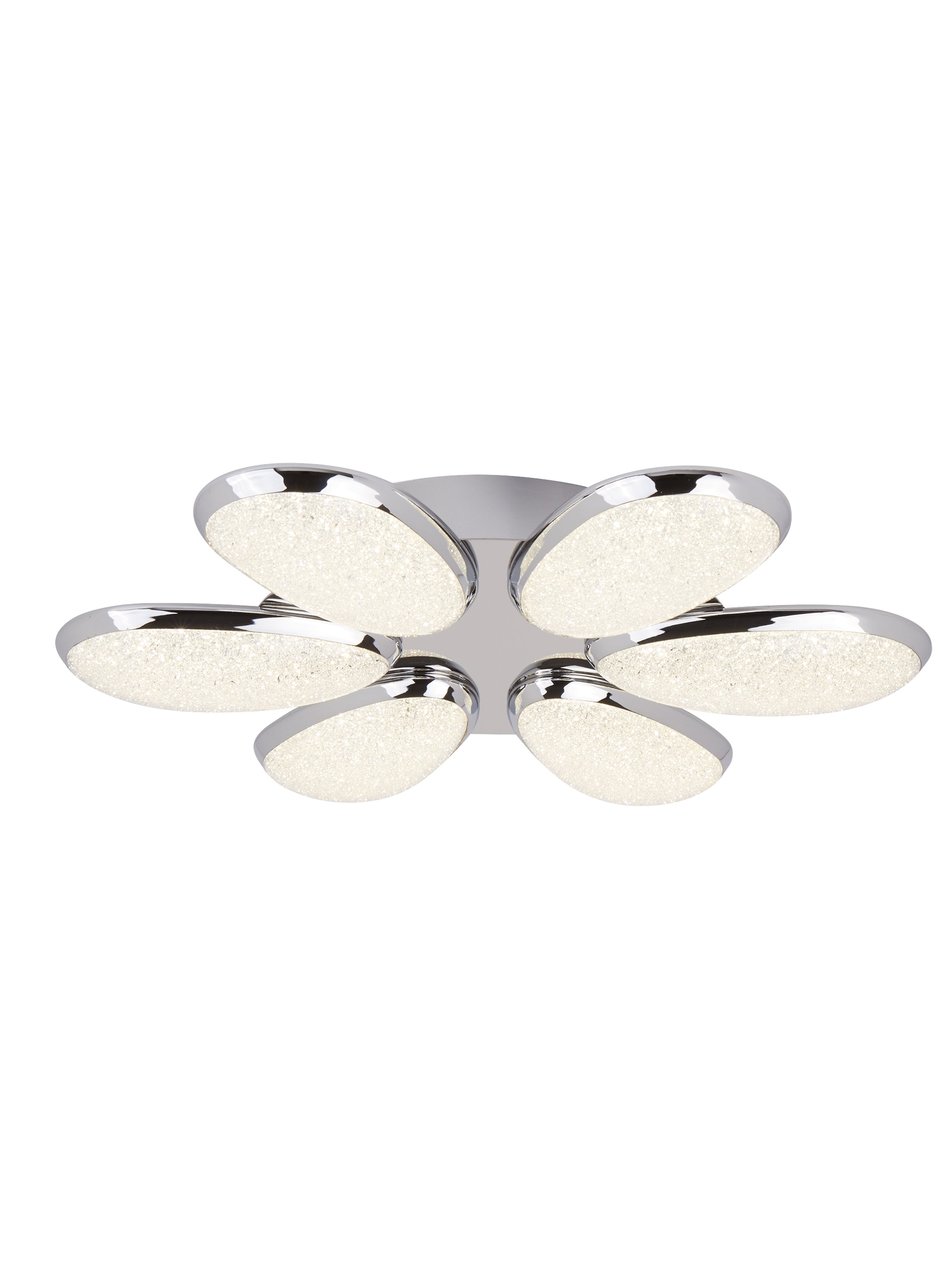 A close-up of a ceiling light with six chrome-finished, bubble-textured LED panels.