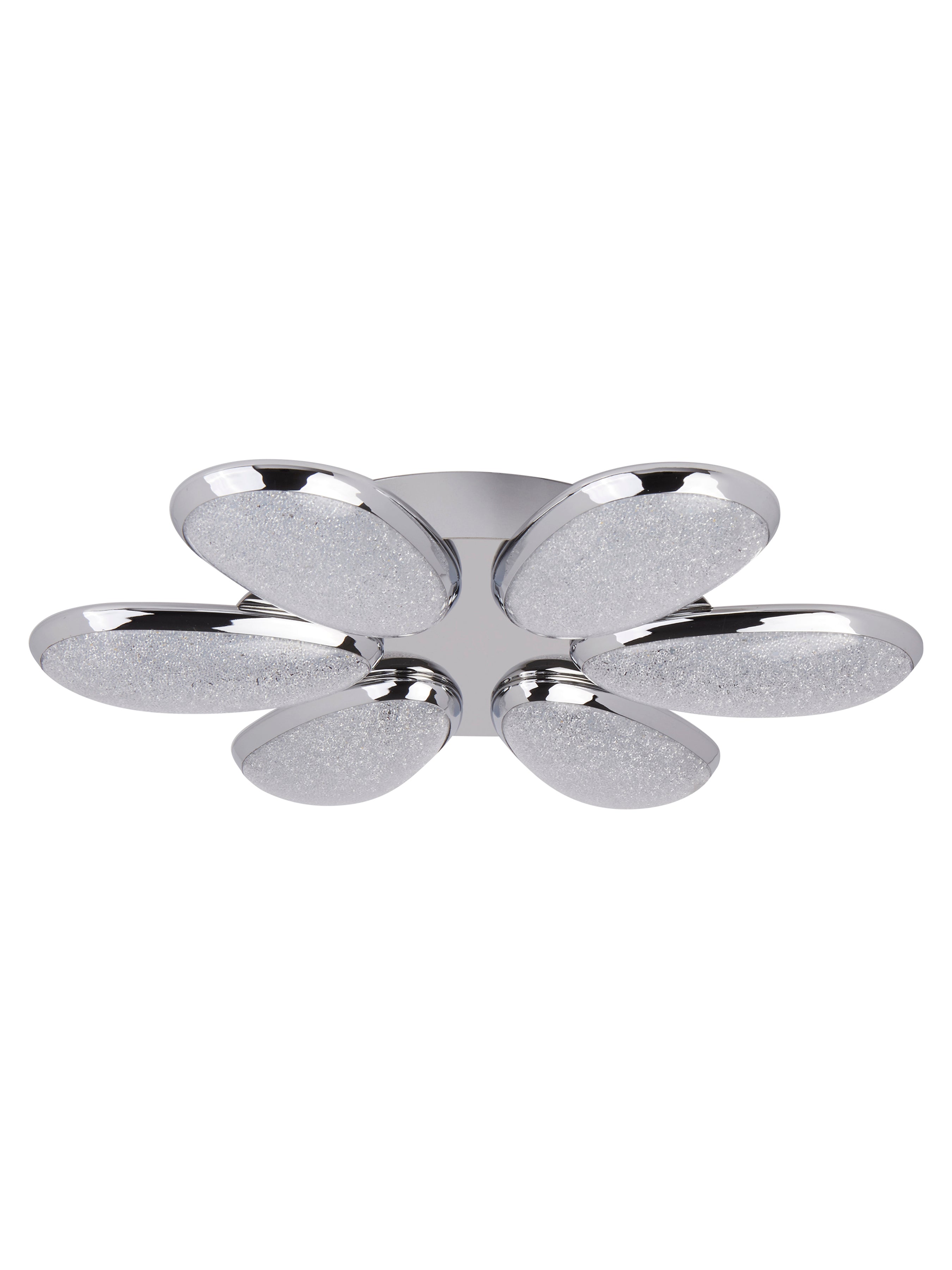 A modern chrome ceiling light with six elliptical LED panels.