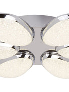 A close-up of a contemporary chrome ceiling light with six textured LED panels.