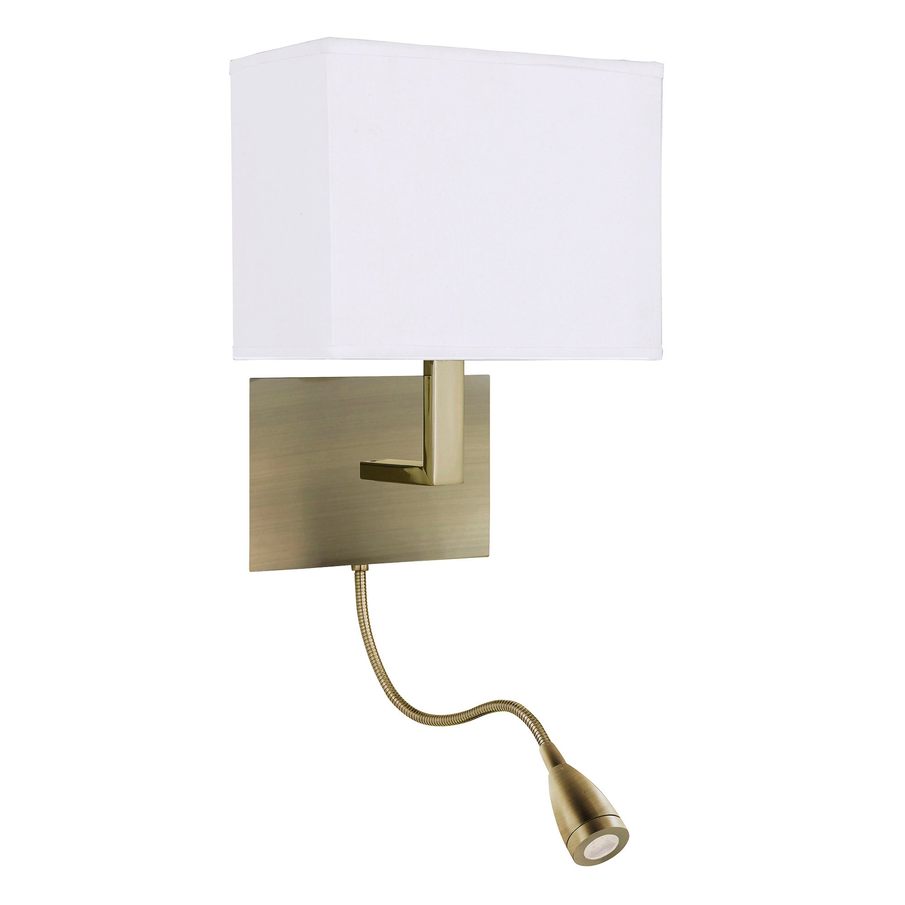 A modern brass wall light with a white rectangular shade and an adjustable reading arm.