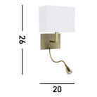 A diagram showing the dimensions of a modern brass wall light with a white rectangular shade.