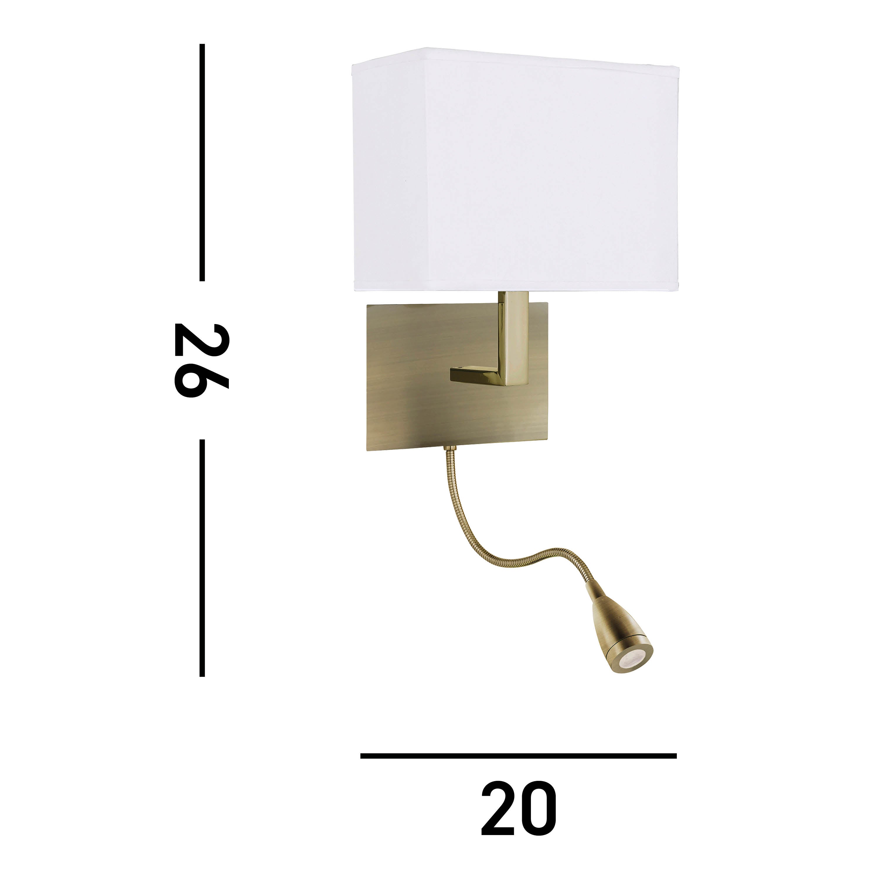 A diagram showing the dimensions of a modern brass wall light with a white rectangular shade.