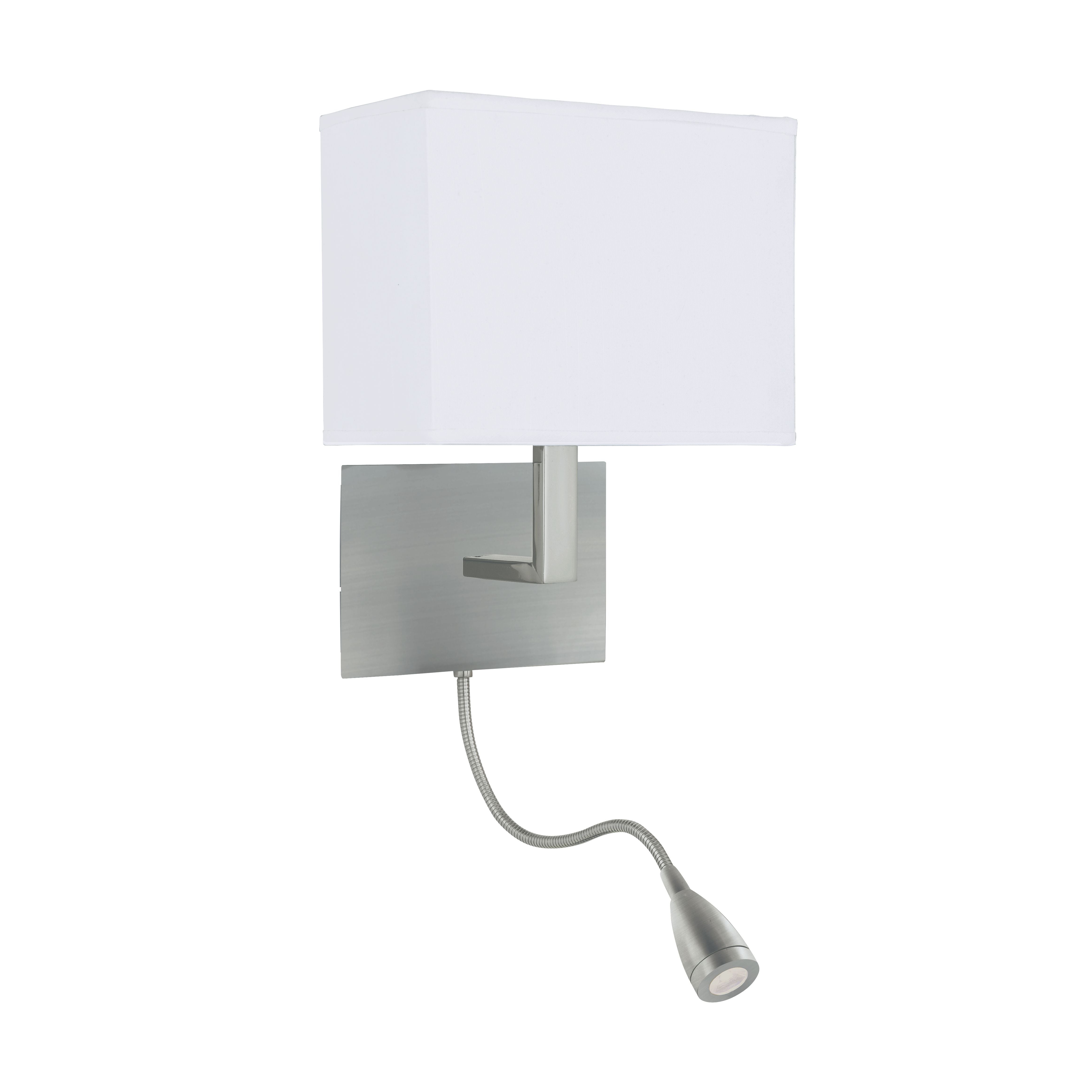 Modern brushed nickel wall light with white rectangular shade and flexible reading light.