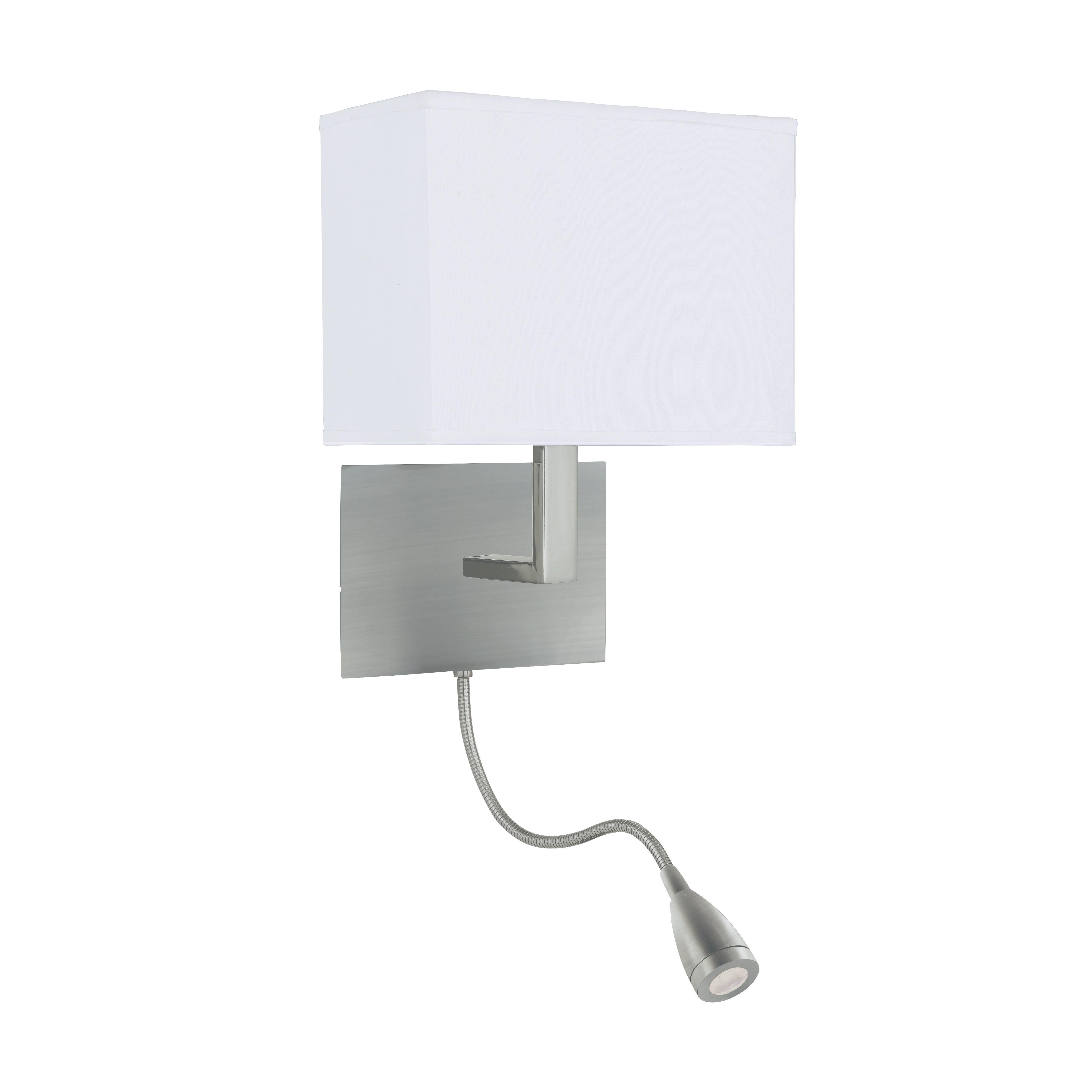 Modern brushed nickel wall light with white rectangular shade and flexible reading light.