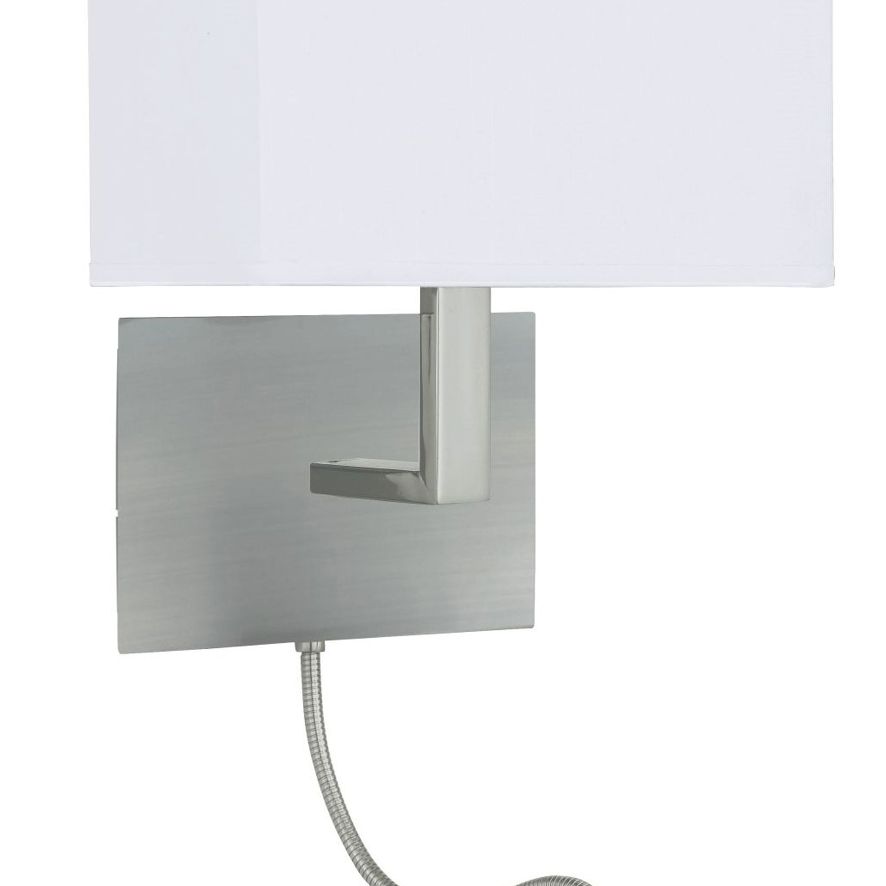 Close-up of a modern brushed nickel wall light with a white rectangular shade.