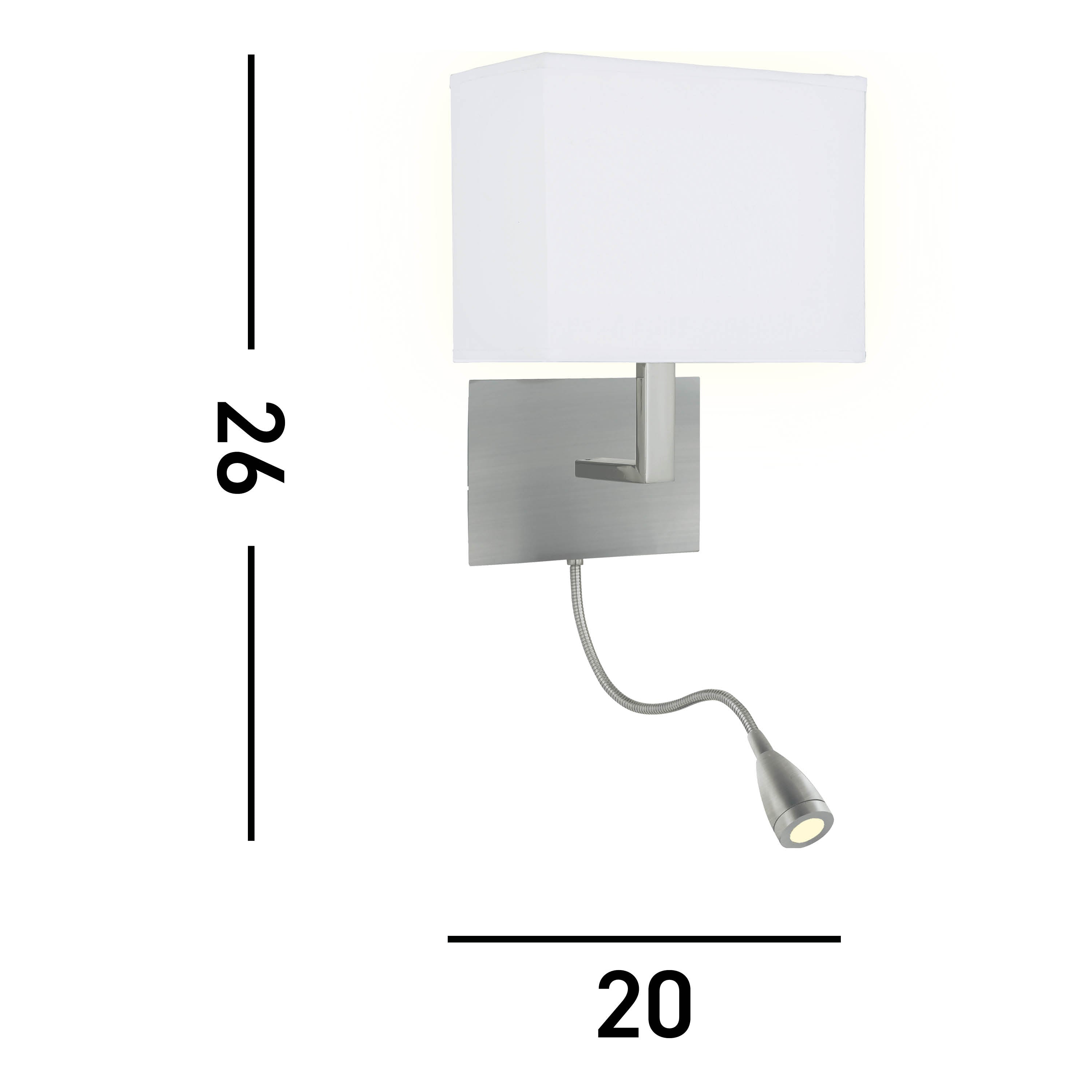 Dimensions of a modern brushed nickel wall light with white shade and reading light.