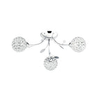 Chrome ceiling light with three crystal orb shades and decorative leaves.