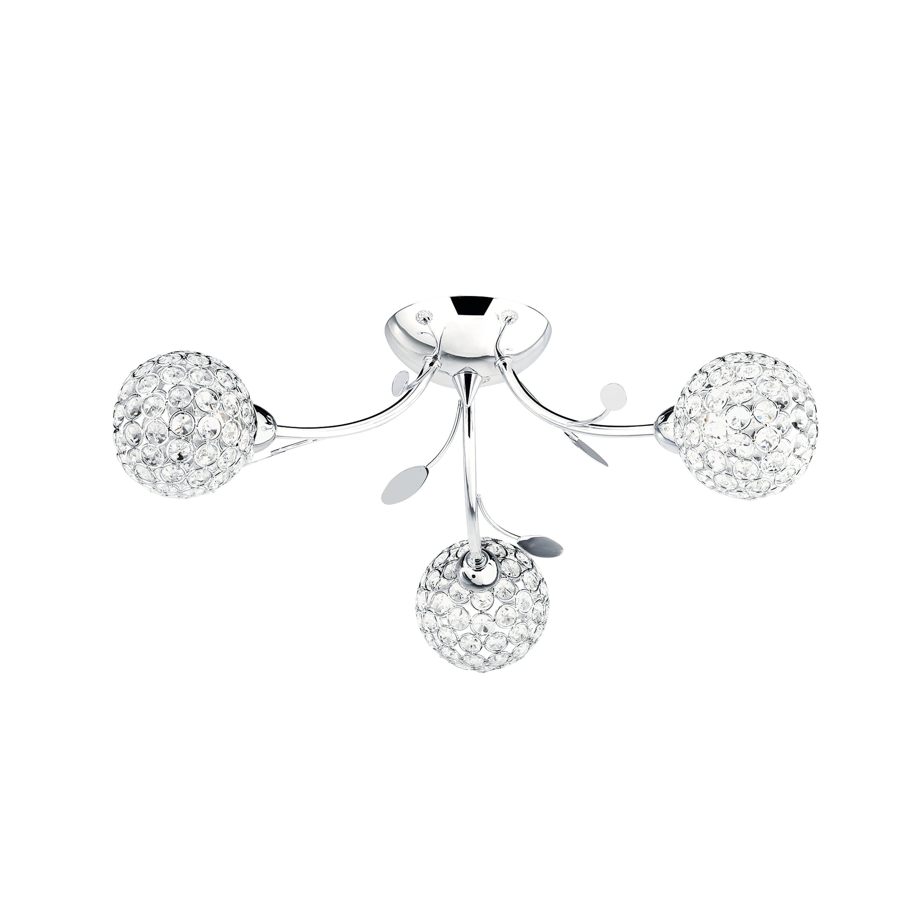Chrome ceiling light with three crystal orb shades and decorative leaves.