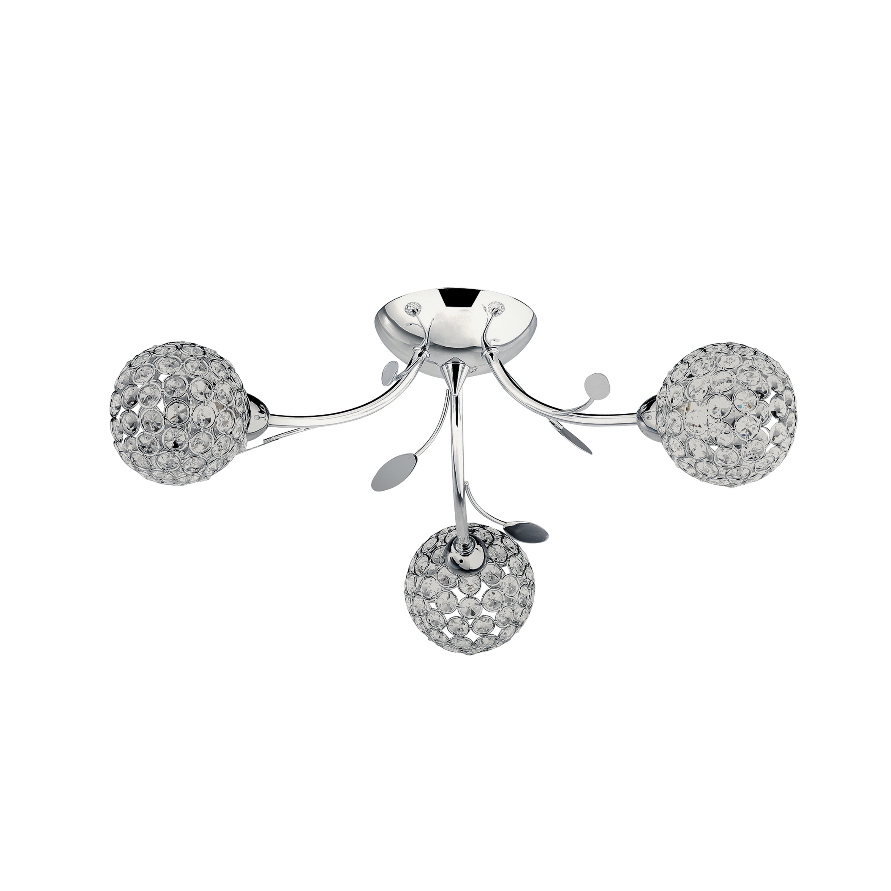 Chrome ceiling light with three crystal orb shades and decorative leaves.