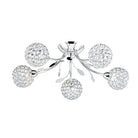 A chrome ceiling light with five crystal sphere shades and decorative leaf accents.