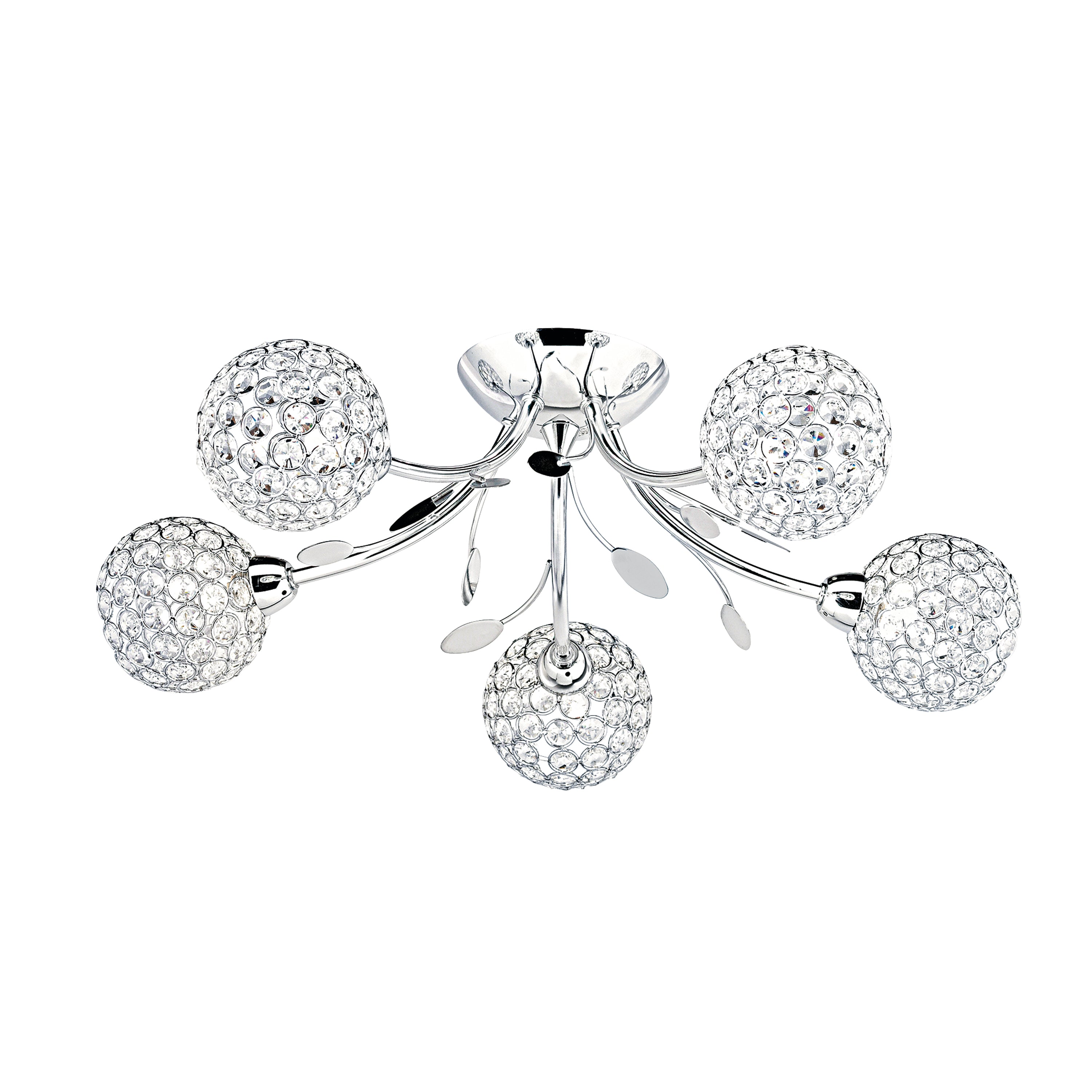 A chrome ceiling light with five crystal sphere shades and decorative leaf accents.
