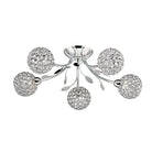 A chrome ceiling light with five crystal sphere shades and decorative leaf accents.