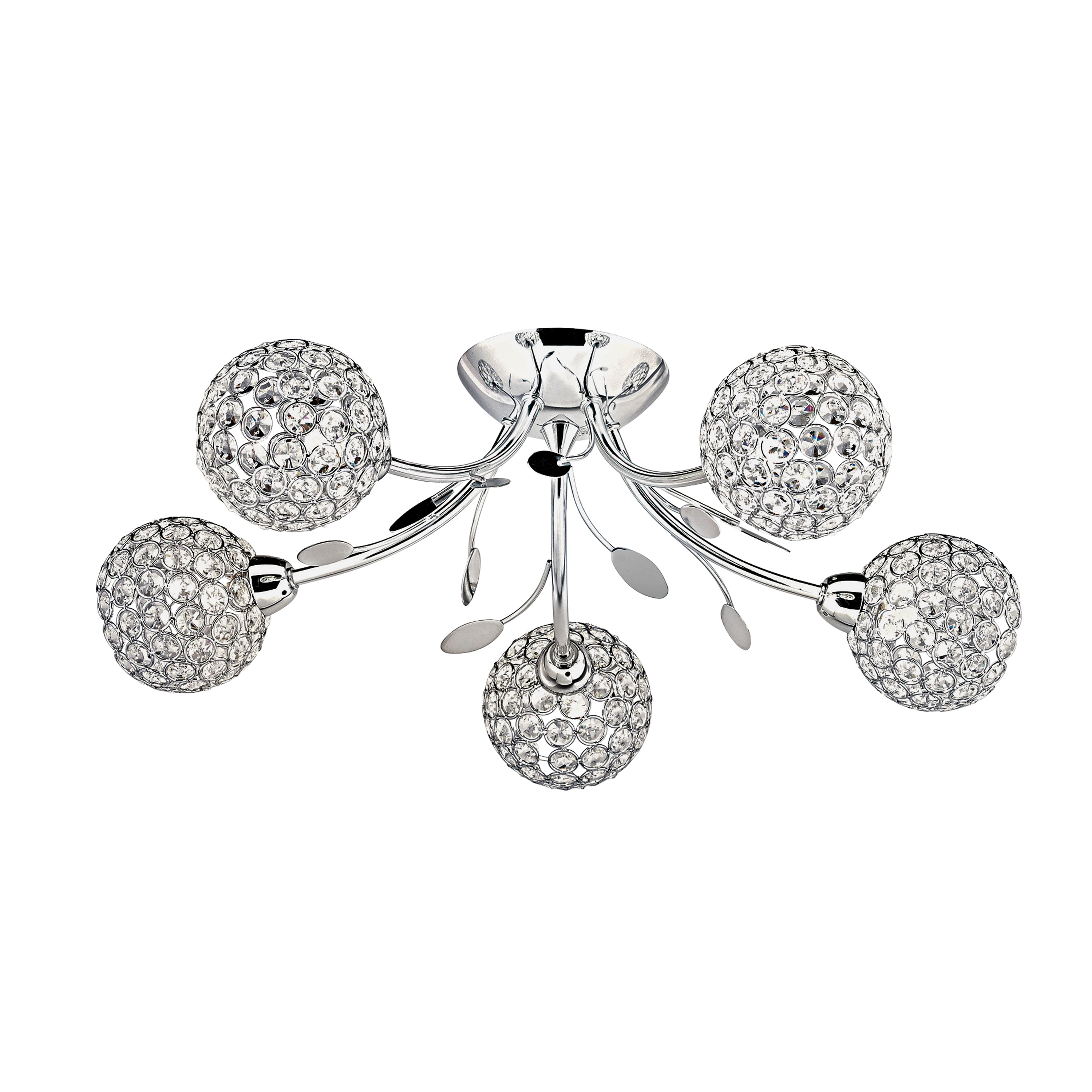 A chrome ceiling light with five crystal sphere shades and decorative leaf accents.