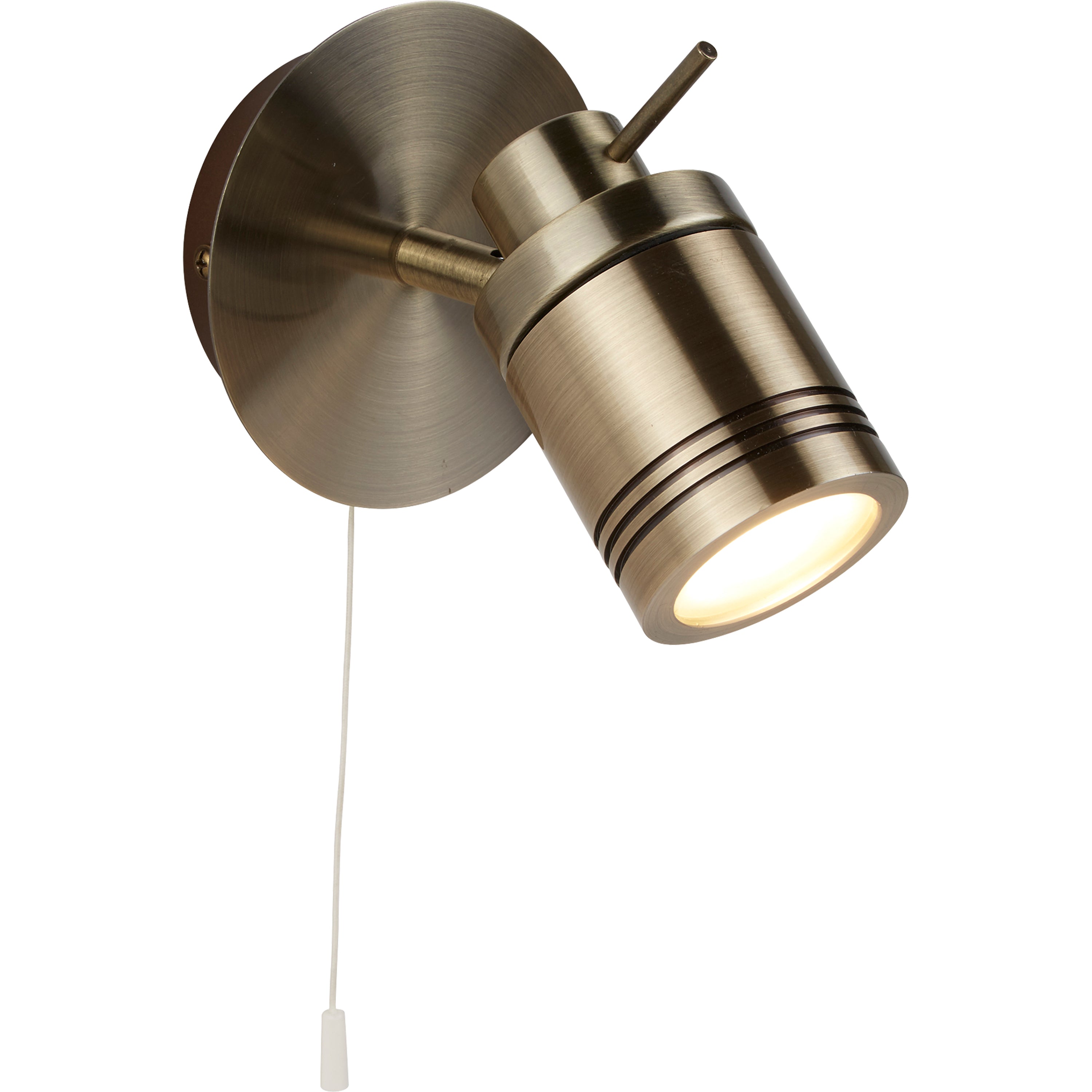 Adjustable brass spotlight with a pull cord, ideal for focused illumination in any room.