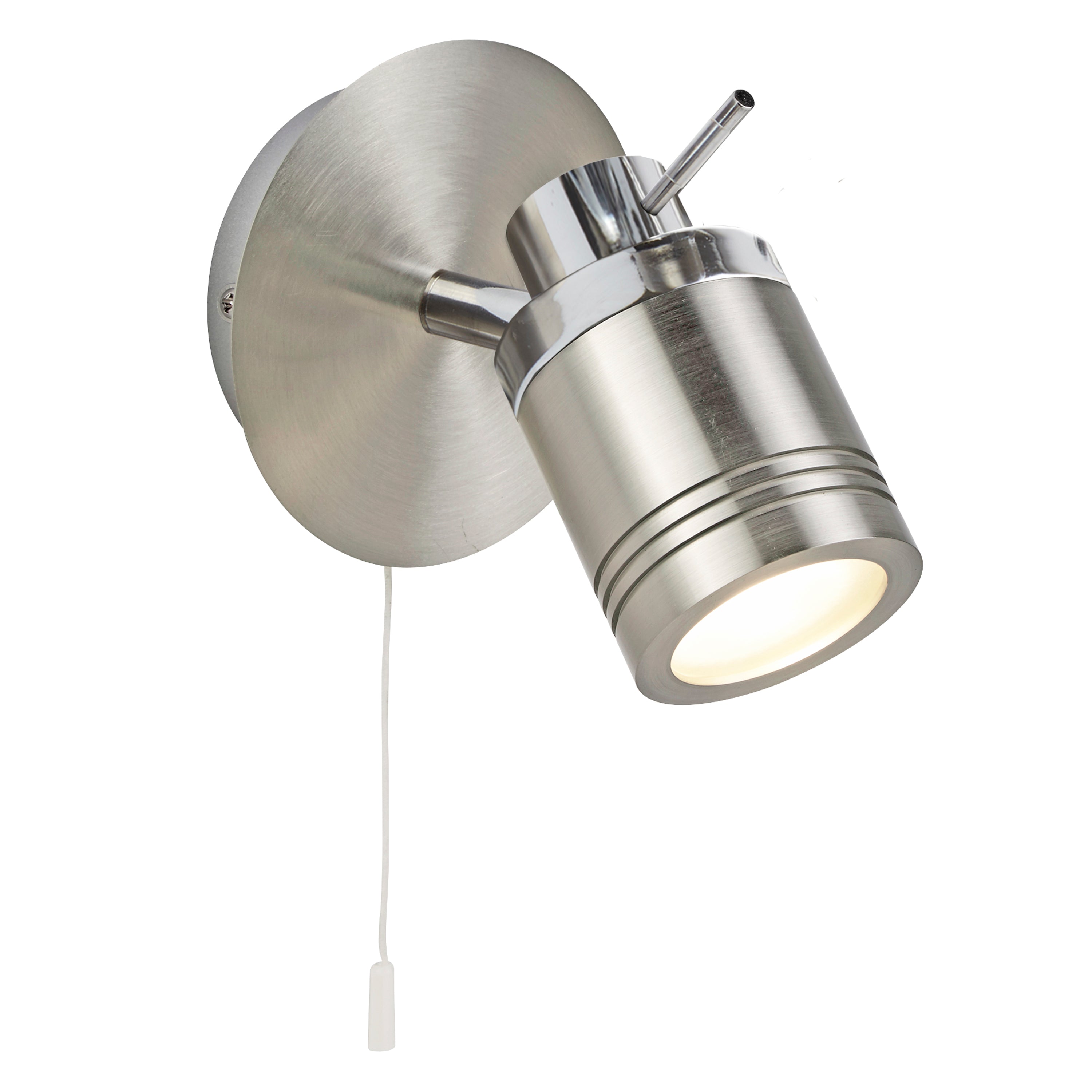 A brushed steel wall light with a directional spotlight and a pull cord switch, illuminated.