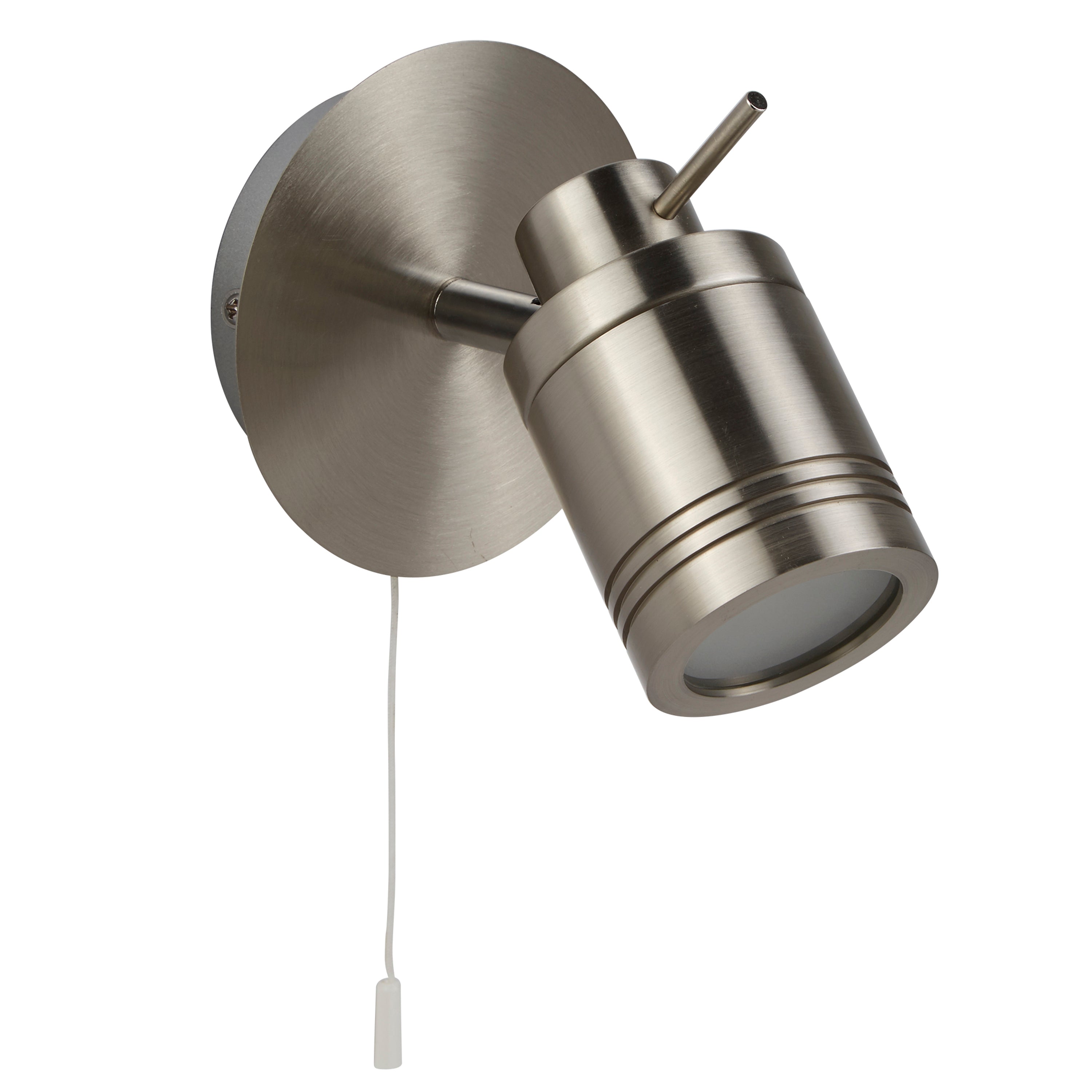 A brushed steel wall light with a directional spotlight and a pull cord switch, unlit.