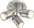 Four lit ceiling spotlights in a brushed steel finish.
