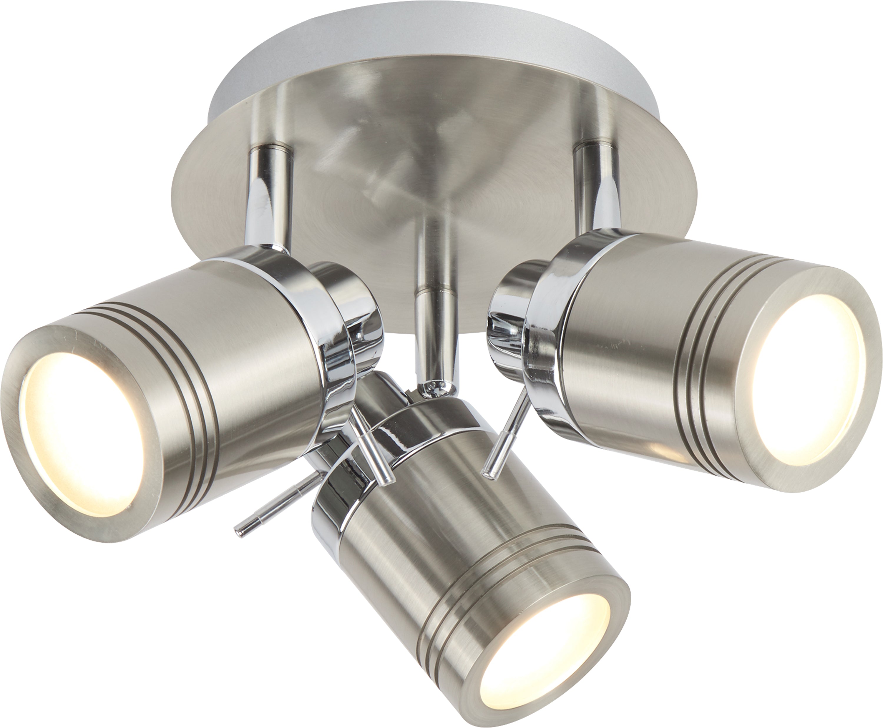 Four lit ceiling spotlights in a brushed steel finish.