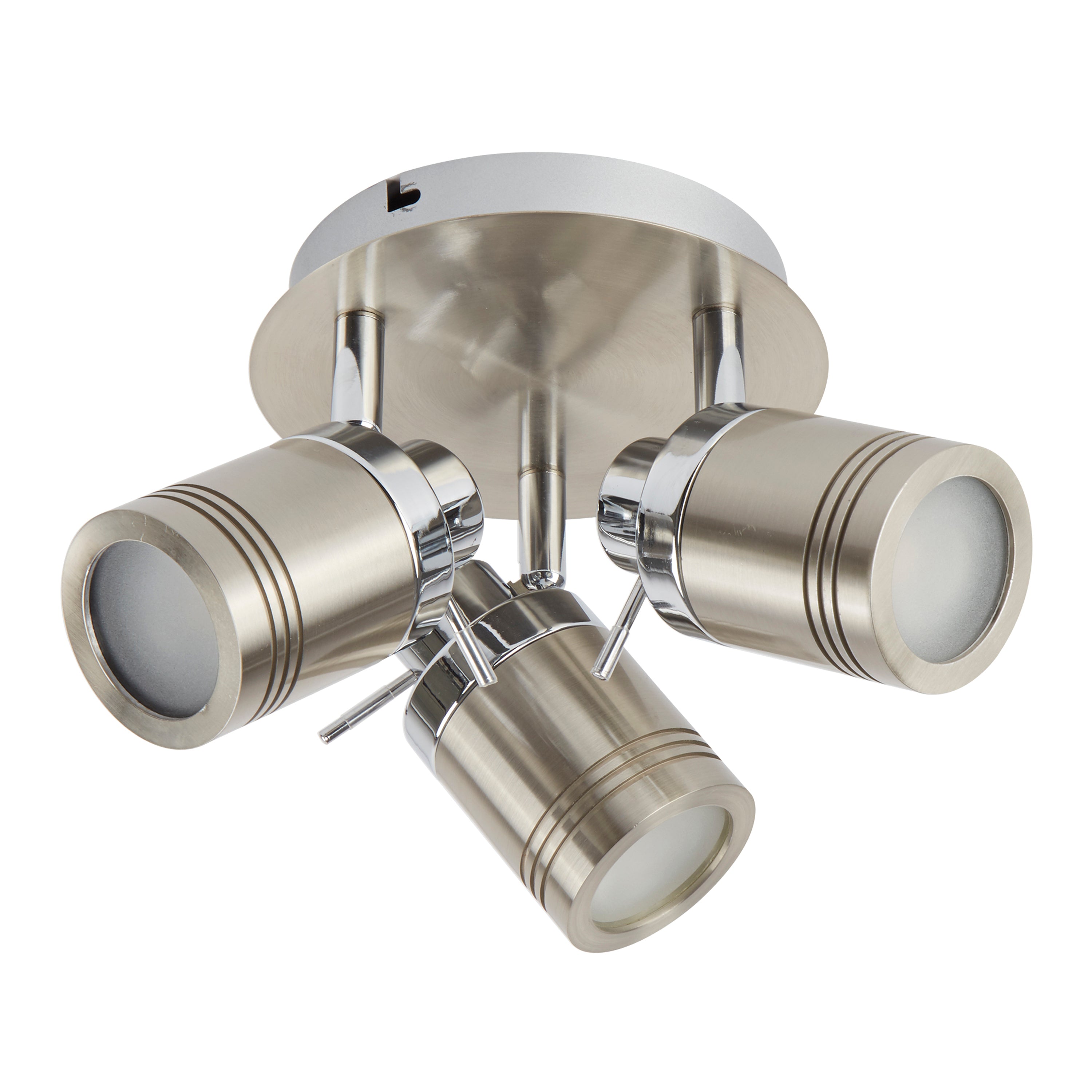 Four unlit ceiling spotlights in a brushed steel finish.