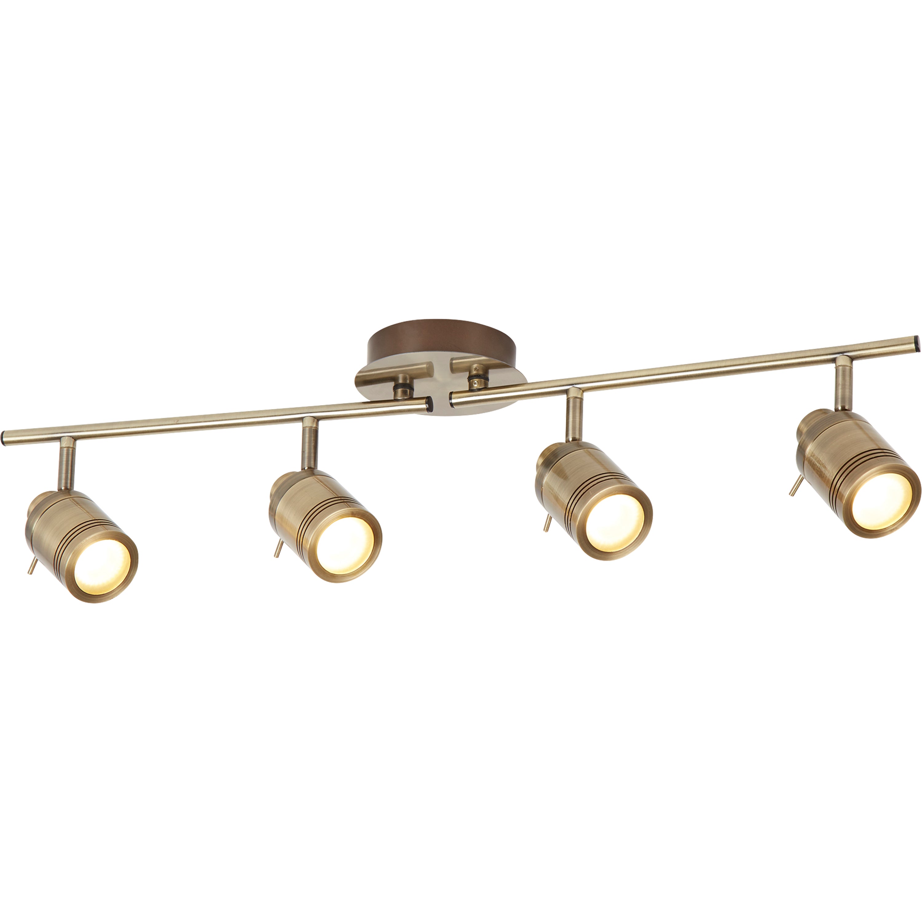 Four antique brass finish track lights with illuminated bulbs on a white background.