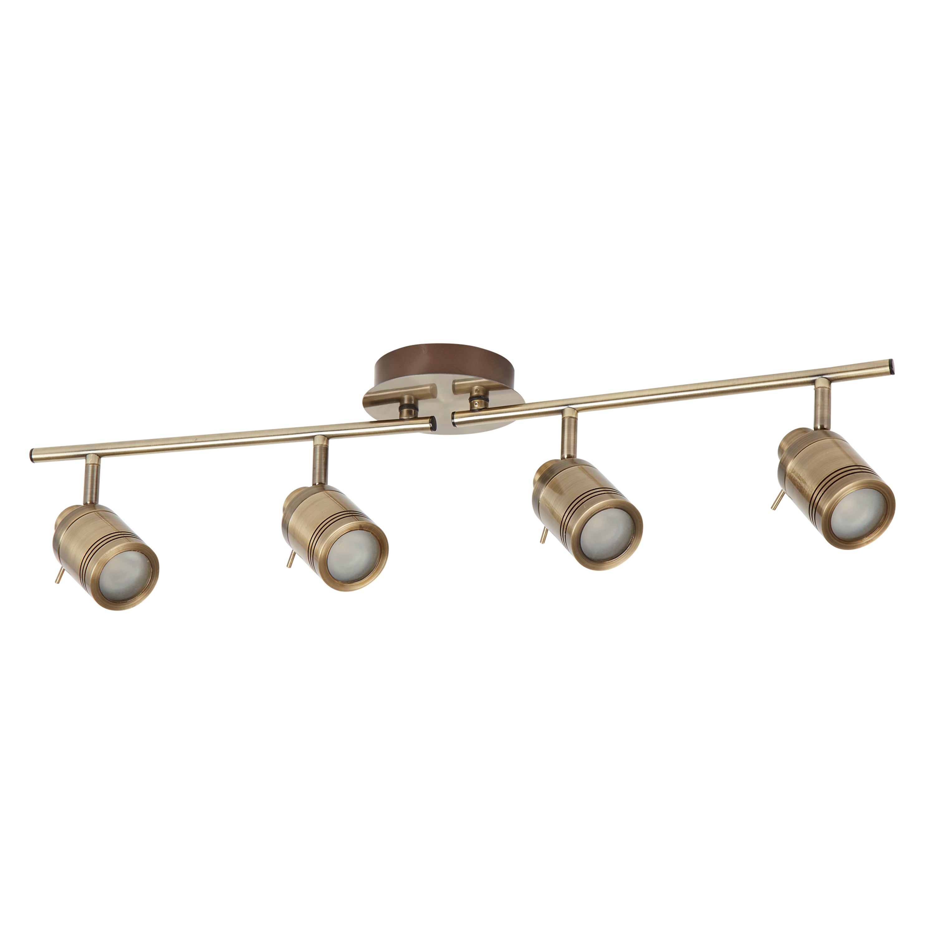 Four antique brass finish track lights with unlit bulbs on a white background.