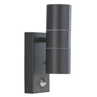 A sleek black outdoor wall light with two cylindrical lamps and a motion sensor.
