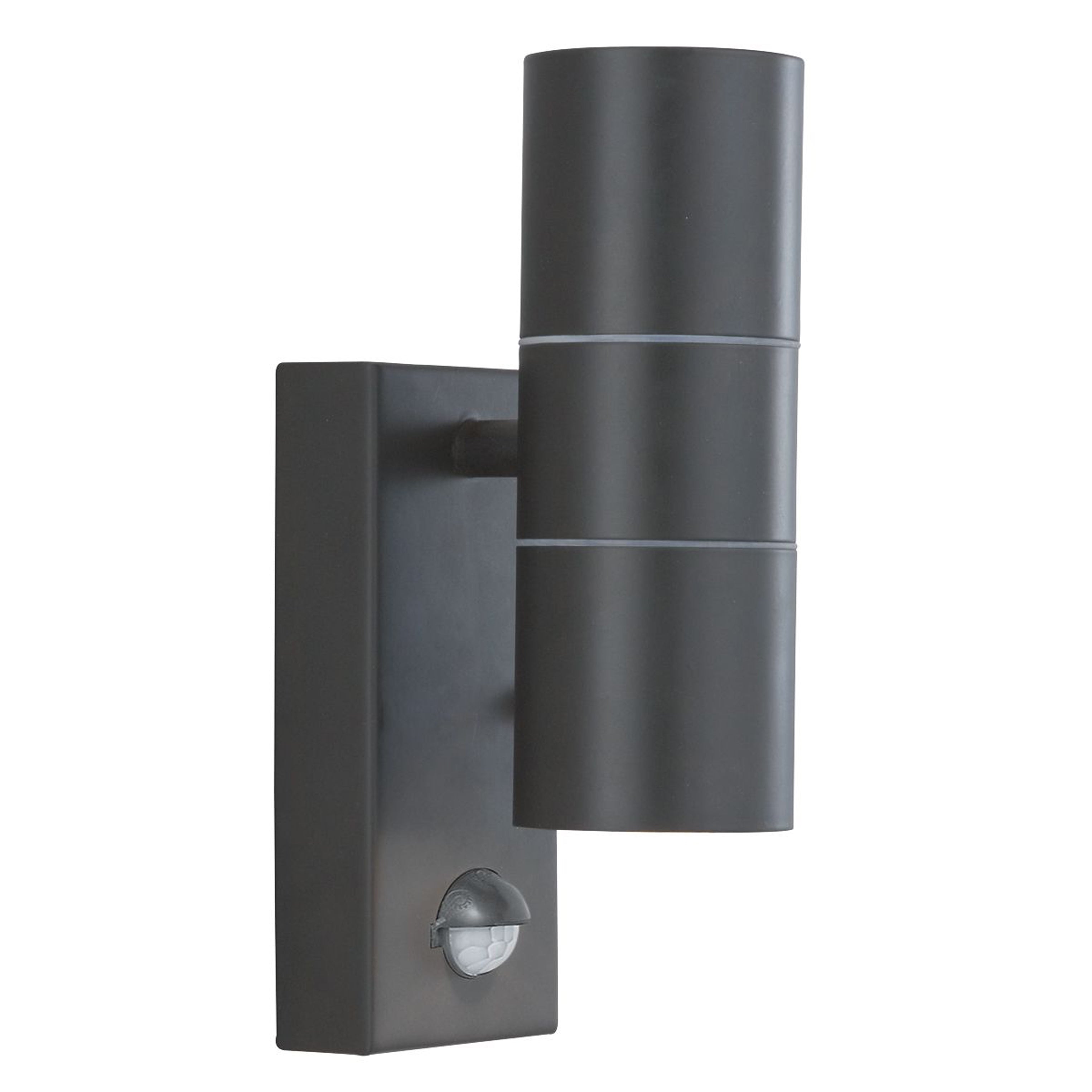 A sleek black outdoor wall light with two cylindrical lamps and a motion sensor.