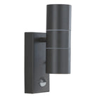 A modern black outdoor wall light featuring two upward and downward-facing cylindrical lamps.