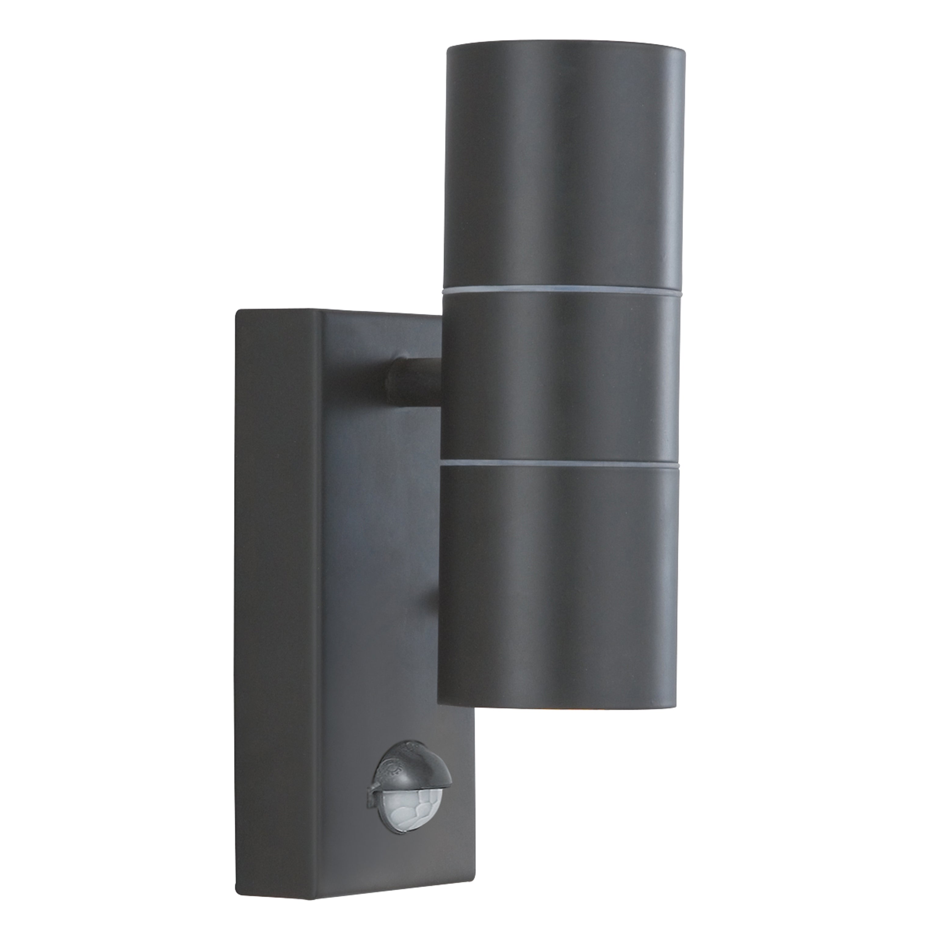 A modern black outdoor wall light featuring two upward and downward-facing cylindrical lamps.