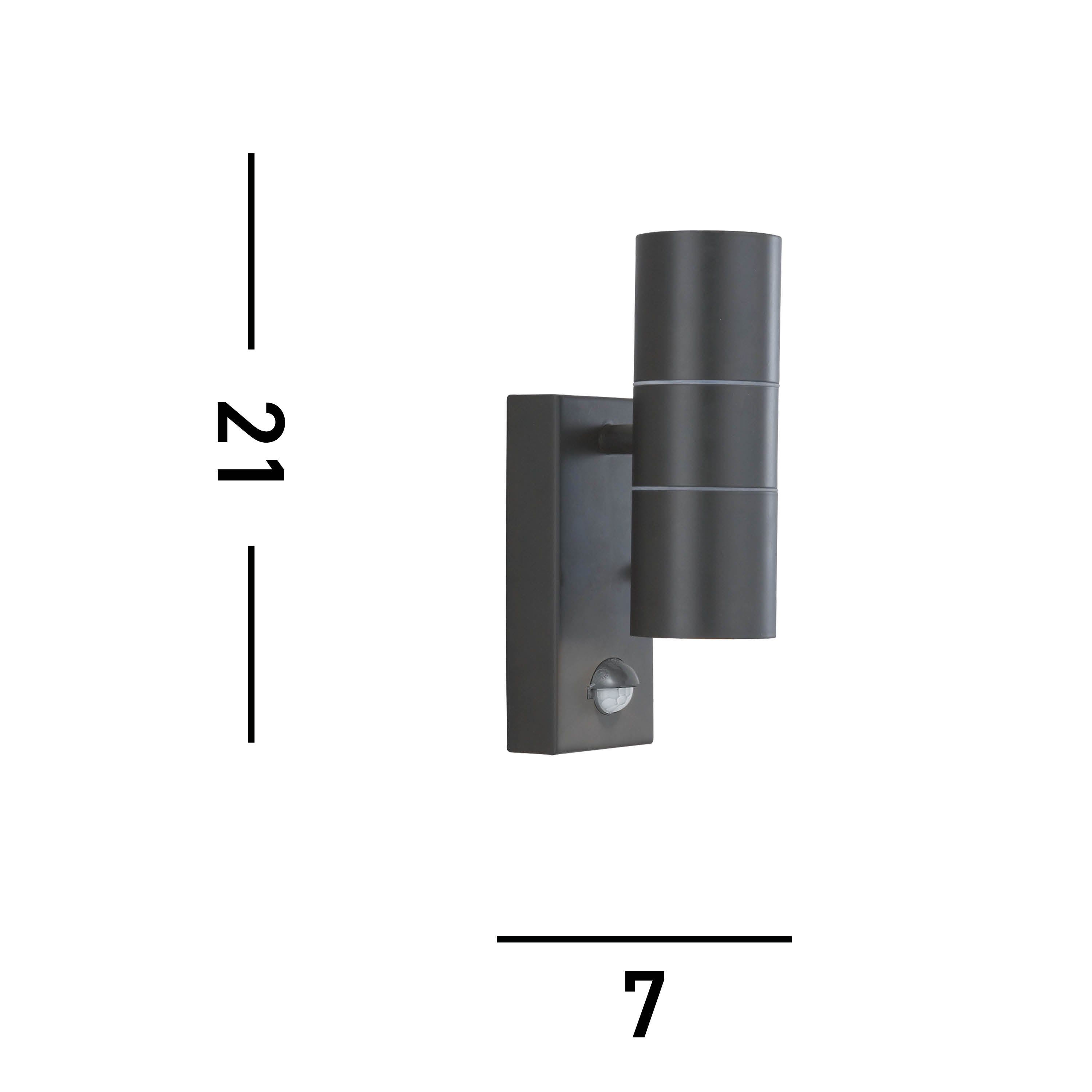 Dimensions for a black outdoor wall light, showing a height of 21 and width of 7 units.
