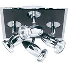 A square, chrome ceiling light fixture featuring four adjustable spotlights.