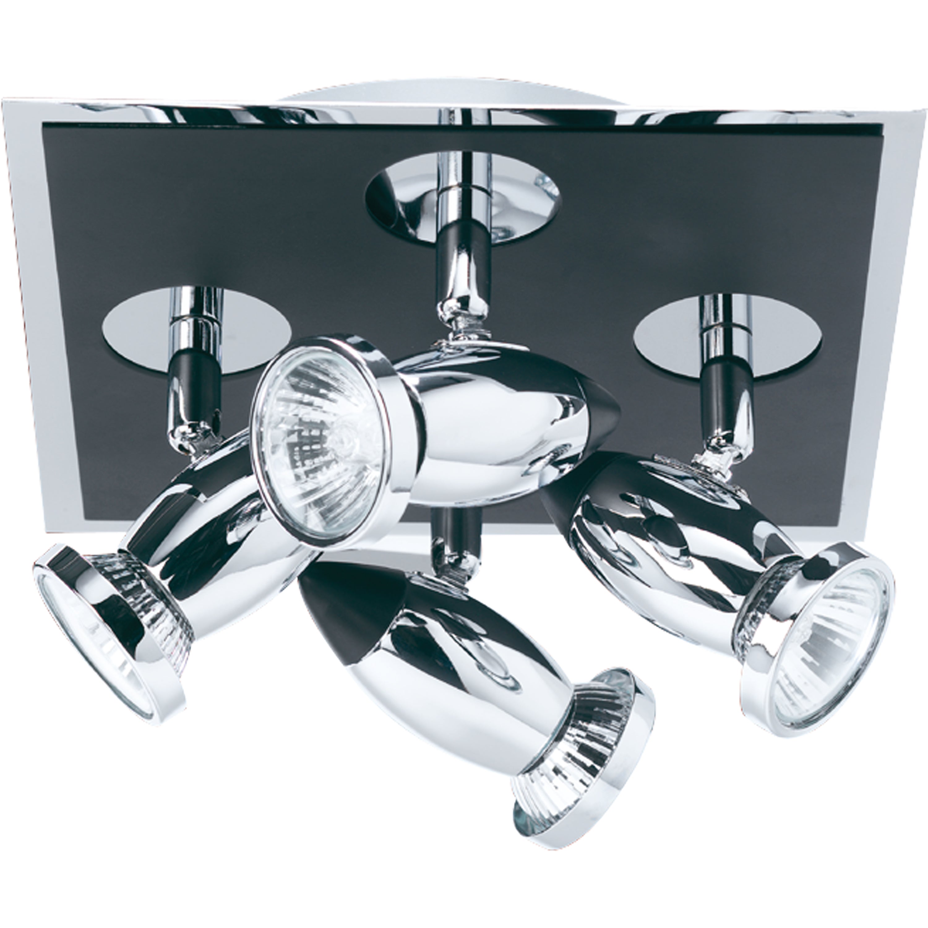 A square, chrome ceiling light fixture featuring four adjustable spotlights.