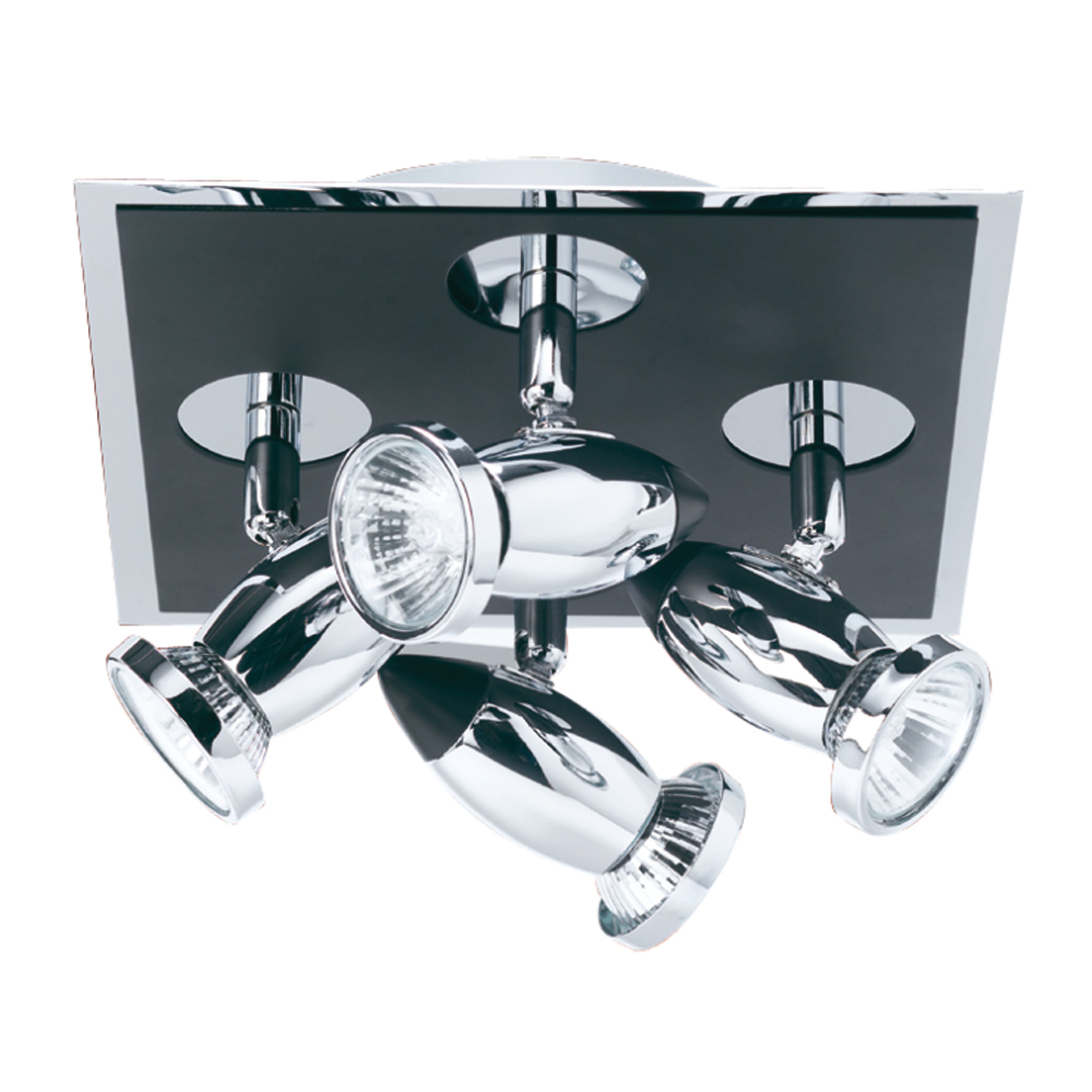 A chrome ceiling light fixture with four adjustable spotlights on a dark base.