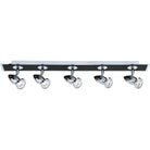 A black and chrome track light with five adjustable spotlights.
