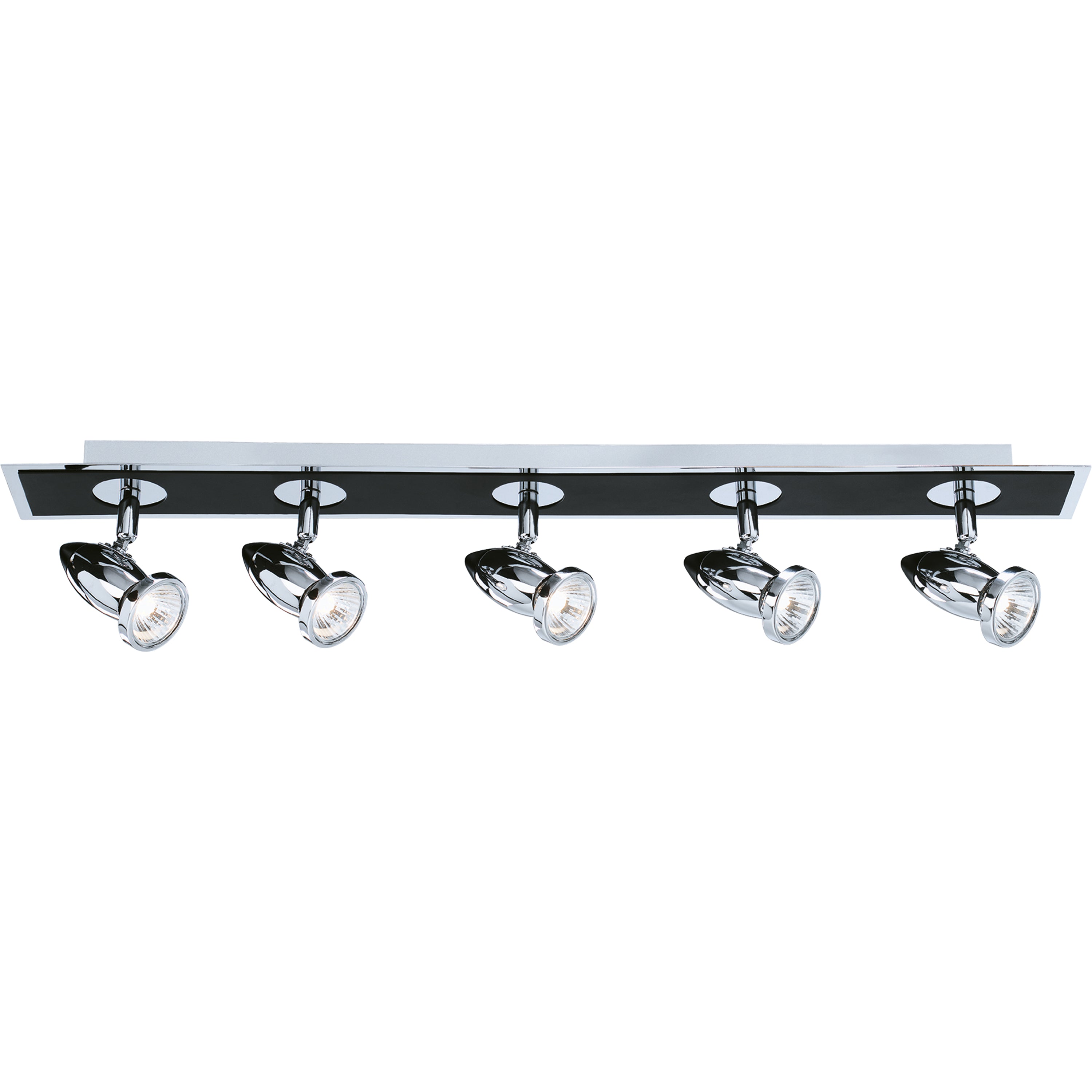 A black and chrome track light with five adjustable spotlights.