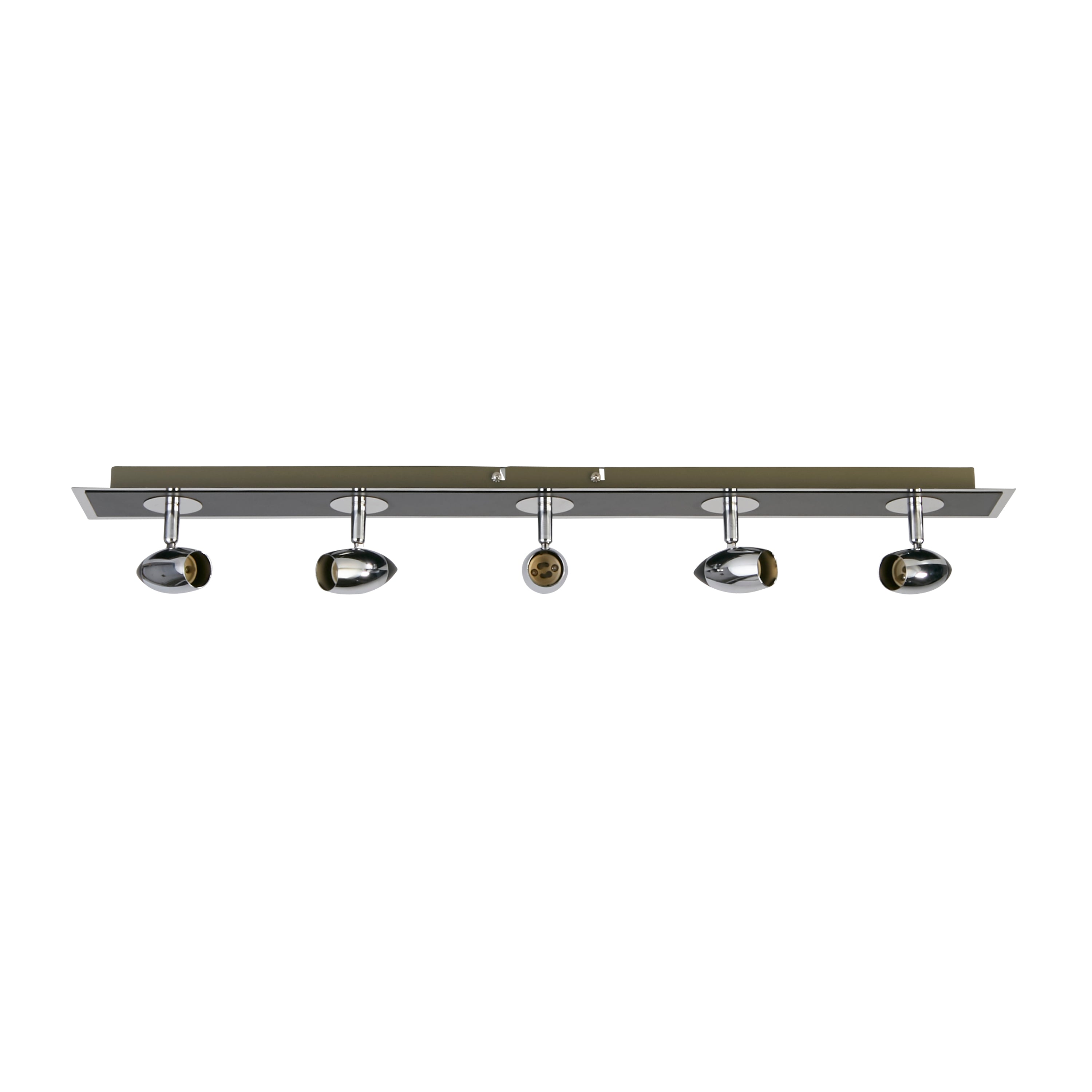 A black and chrome track light with five spotlights.