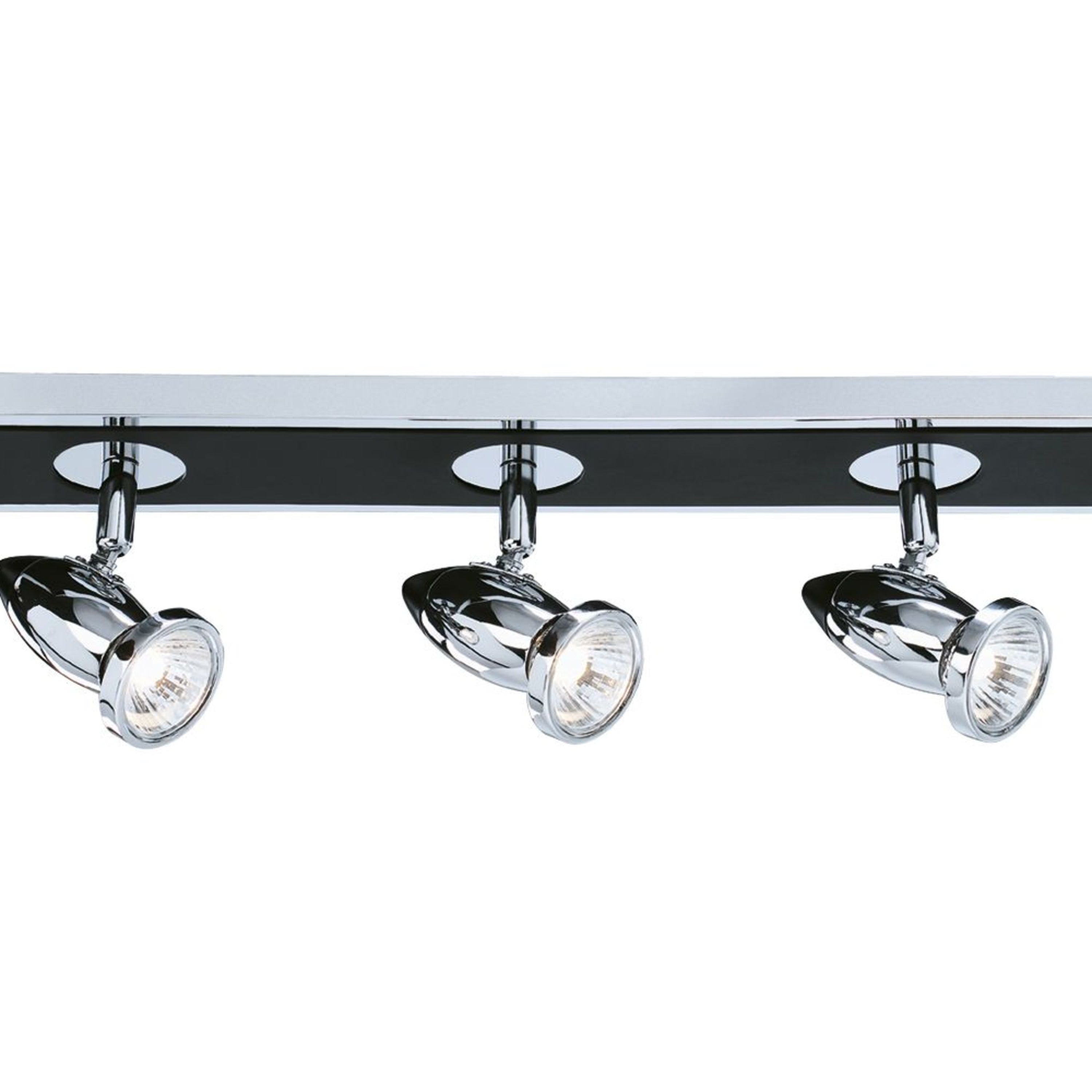 A black and chrome track light with three adjustable spotlights.