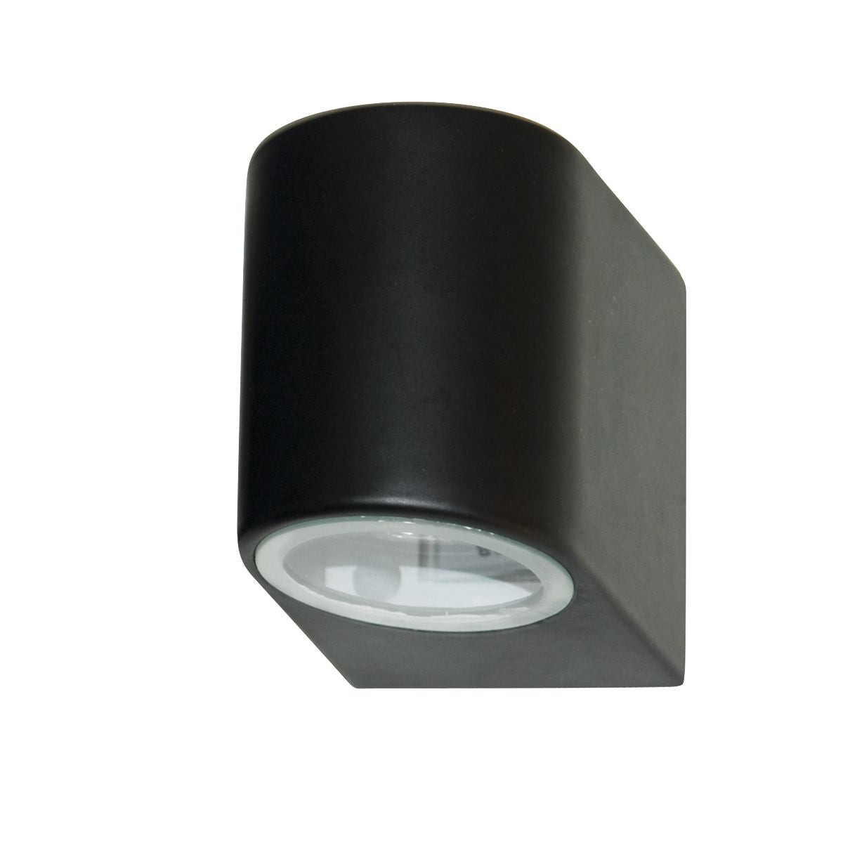A black cylindrical wall light, angled downwards, casts illumination on the area below.
