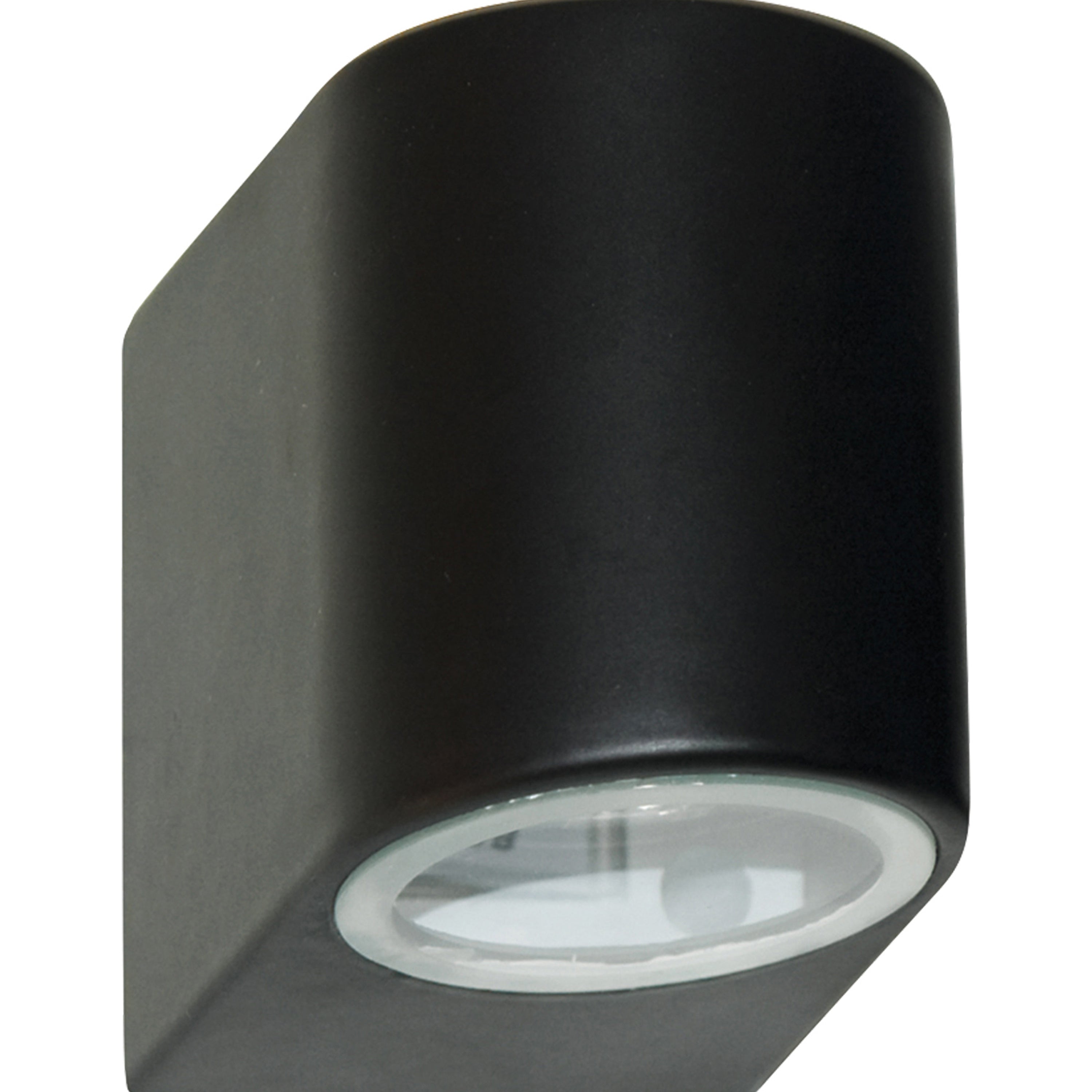 A black cylindrical wall light with a downward-facing bulb.
