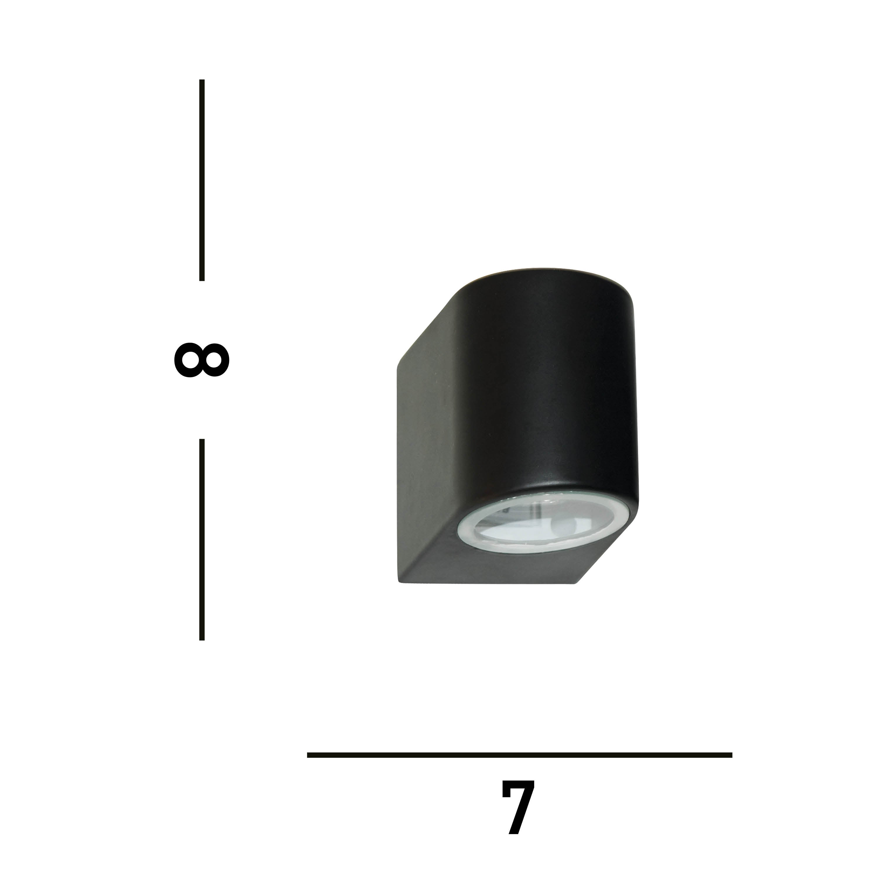 A black wall-mounted cylindrical light with dimensions 8x7cm.