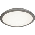 Round ceiling light with a silver rim and white diffuser, emitting bright light.