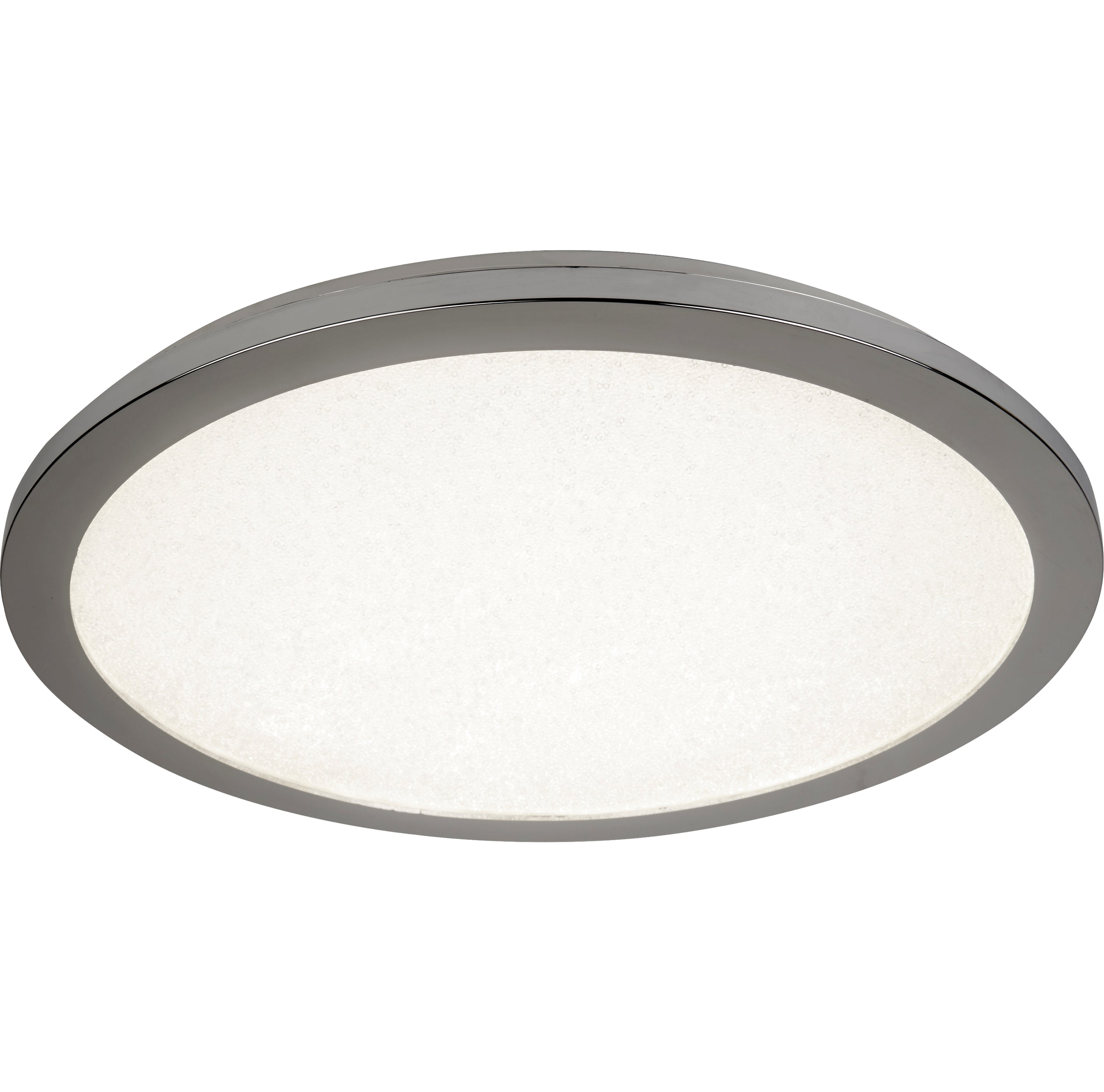 Round ceiling light with a silver rim and white diffuser, emitting bright light.