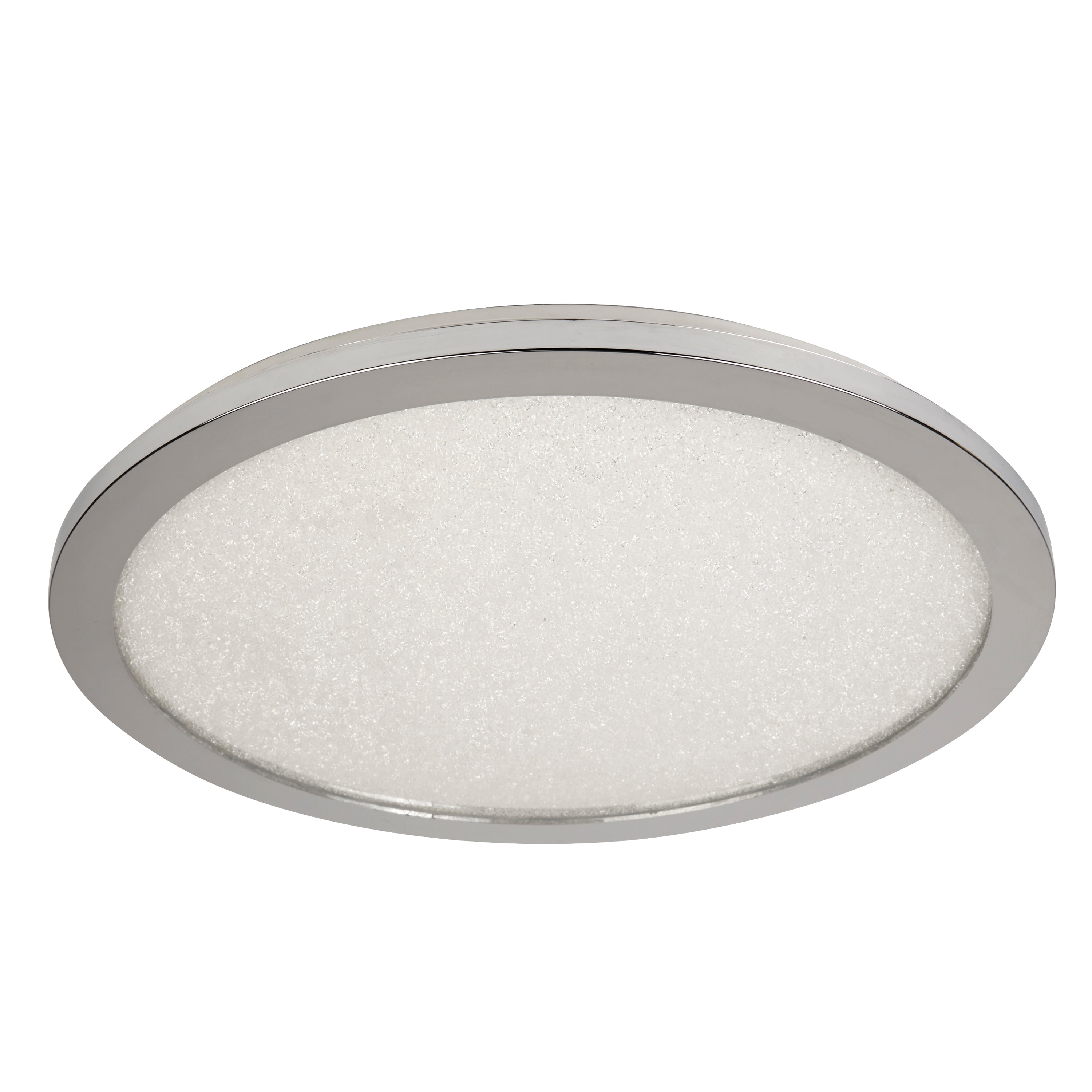 Round ceiling light with a silver rim and textured white diffuser.
