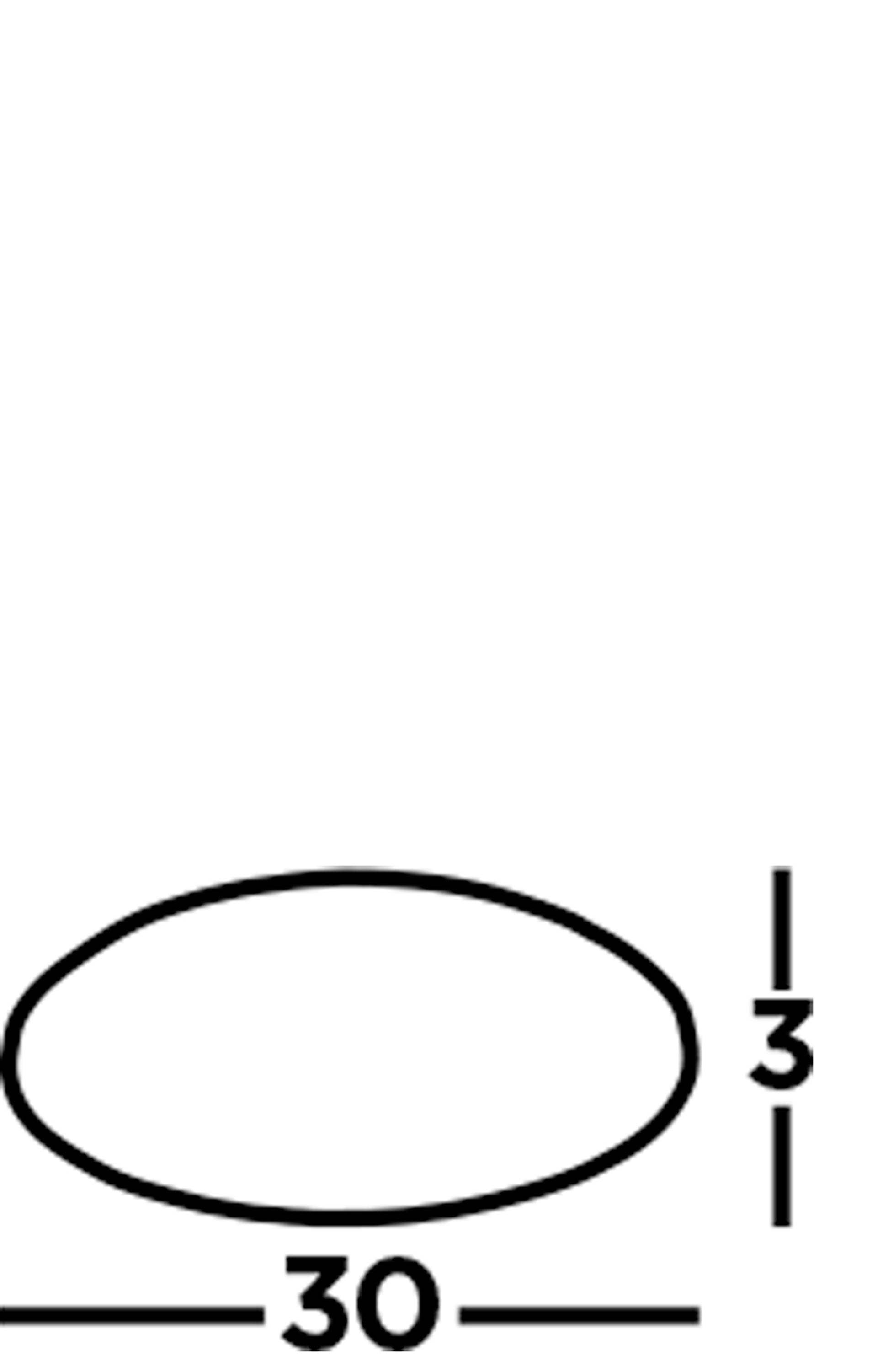 Diagram showing the dimensions of an oval shape, 3 units high and 30 units wide.