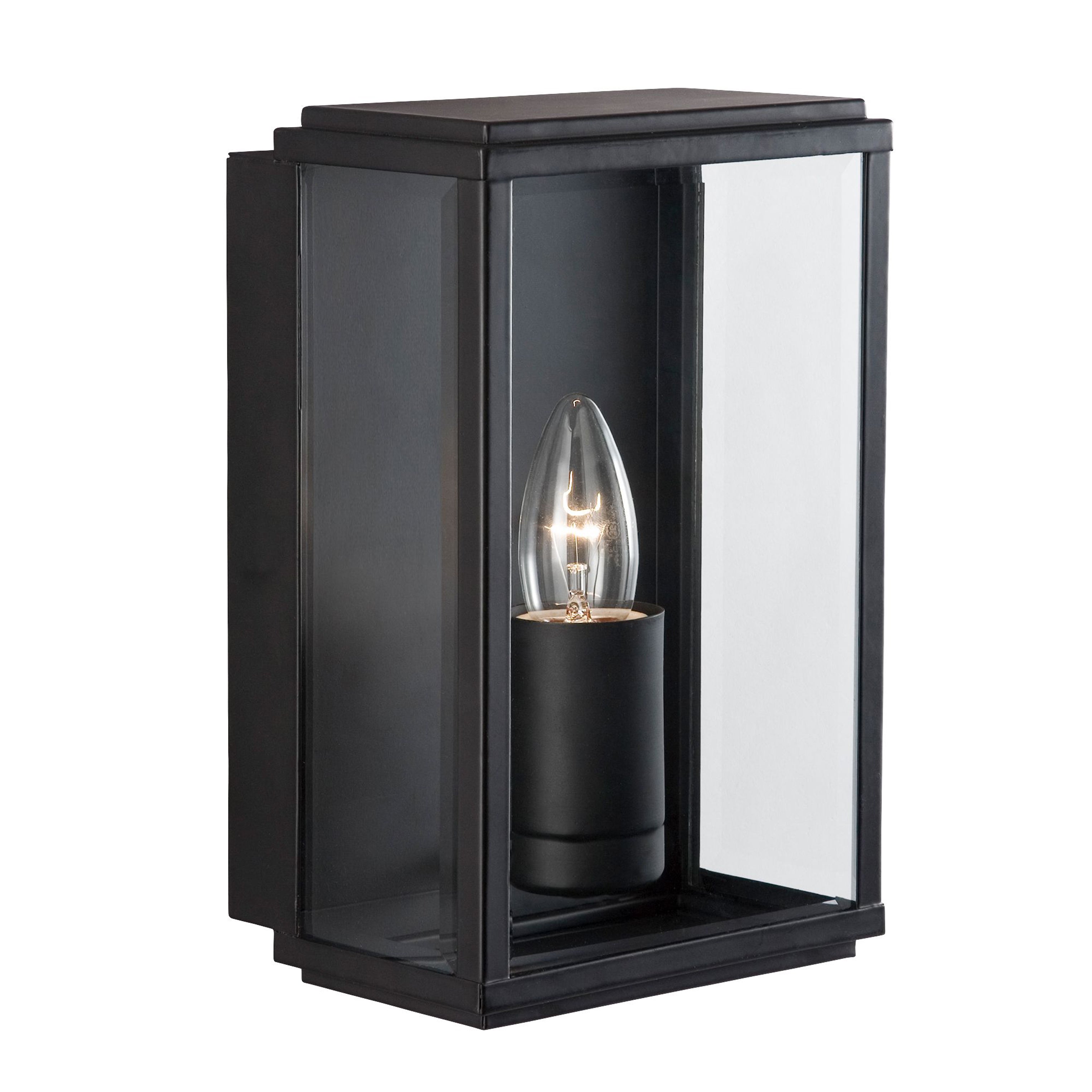Black outdoor wall light with clear glass and a single bulb.