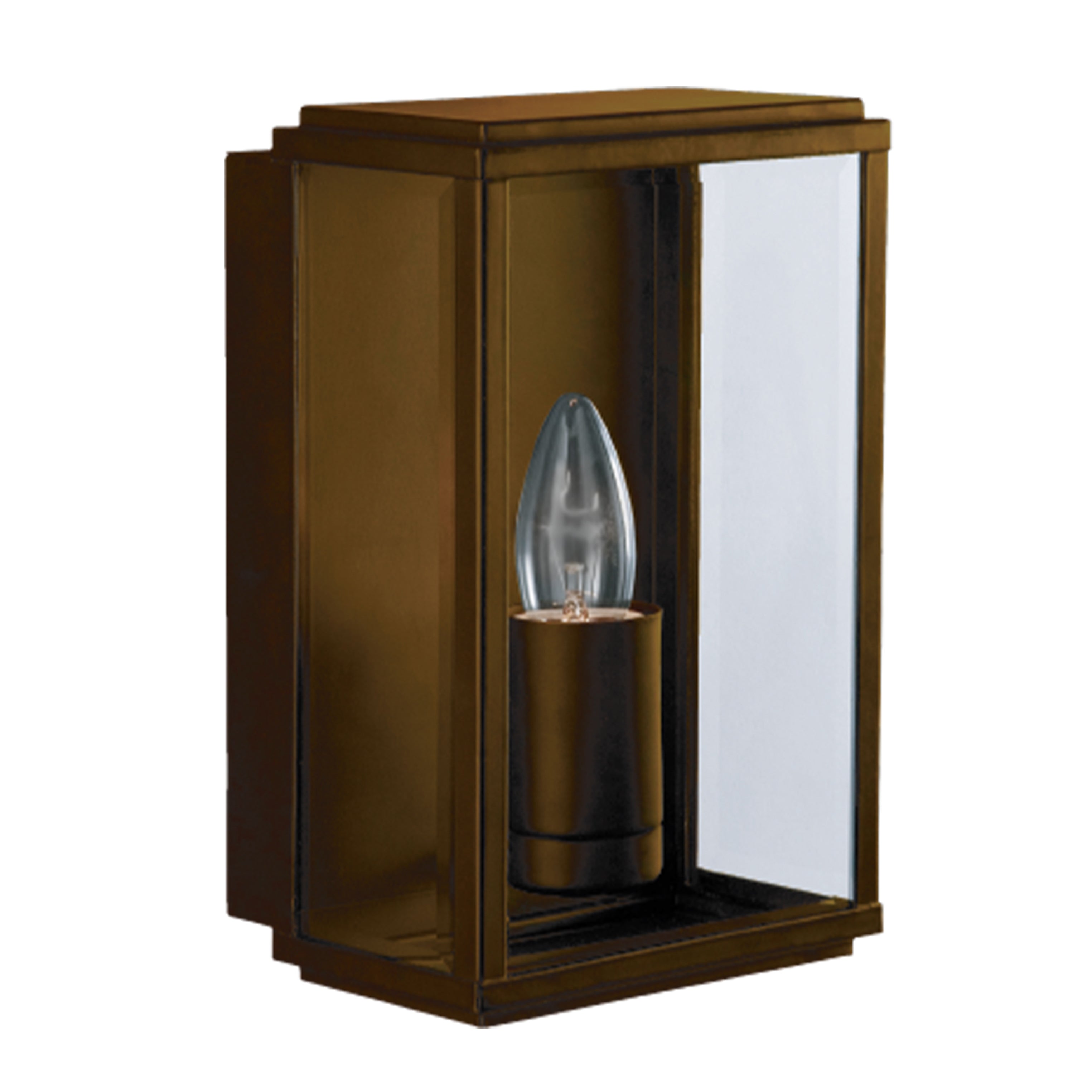 Bronze outdoor wall light with clear glass and a single bulb.