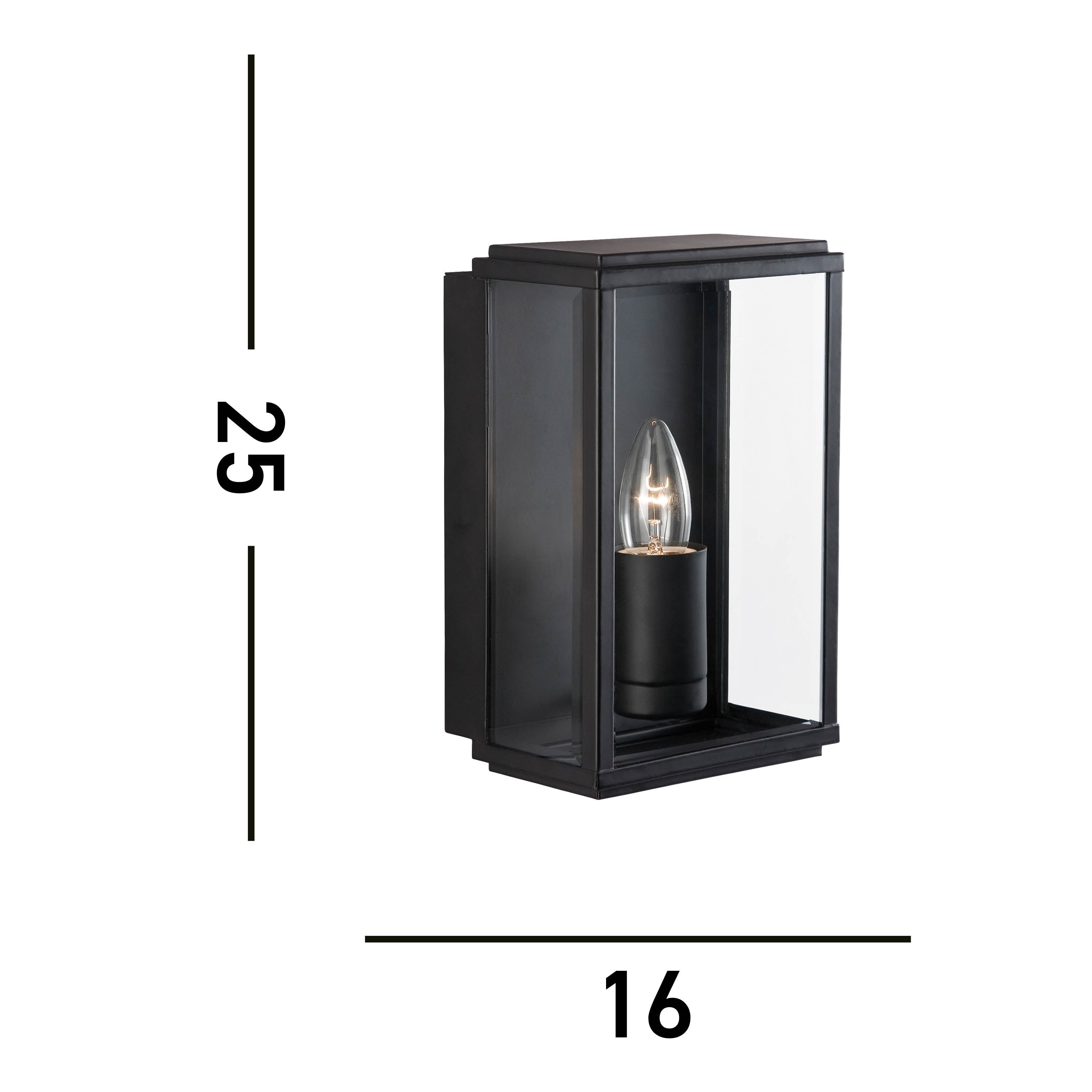 Dimensions of the black outdoor wall light, showing 25cm height and 16cm width.