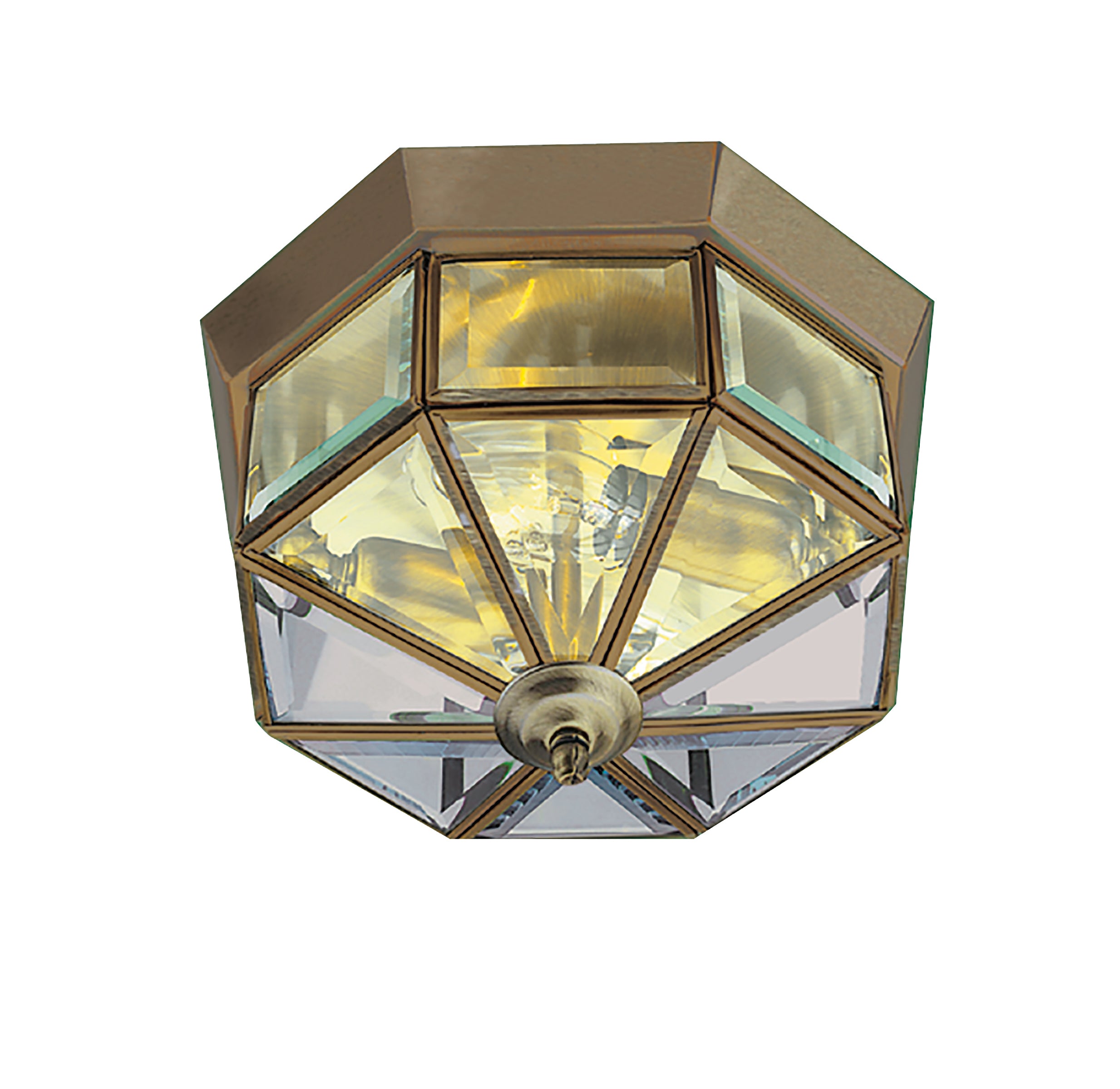 An ornate, octagonal bronze ceiling light with faceted clear and amber glass panels.