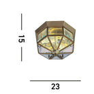An ornate, octagonal bronze ceiling light with faceted glass, showing its dimensions of 23cm by 15cm.
