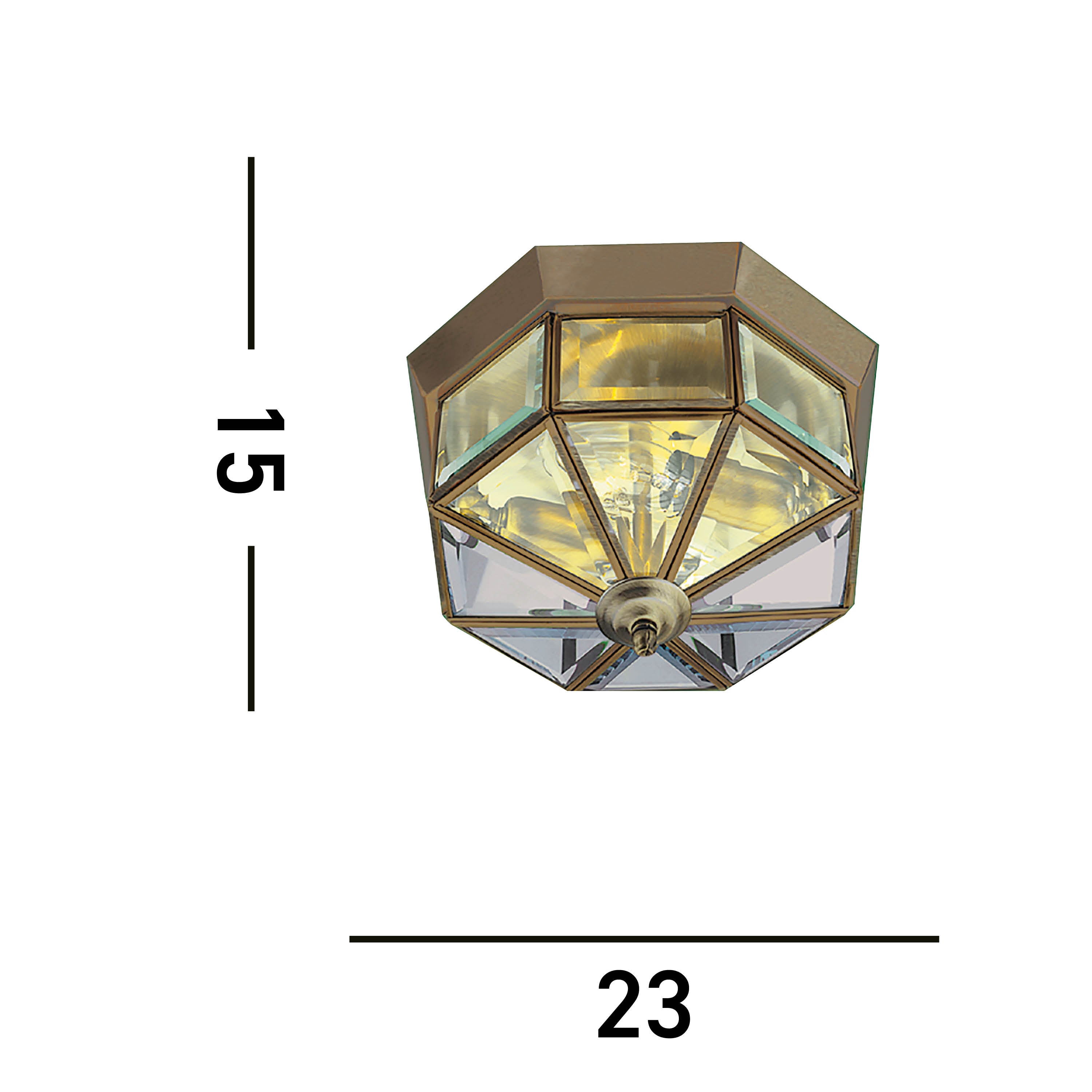 An ornate, octagonal bronze ceiling light with faceted glass, showing its dimensions of 23cm by 15cm.